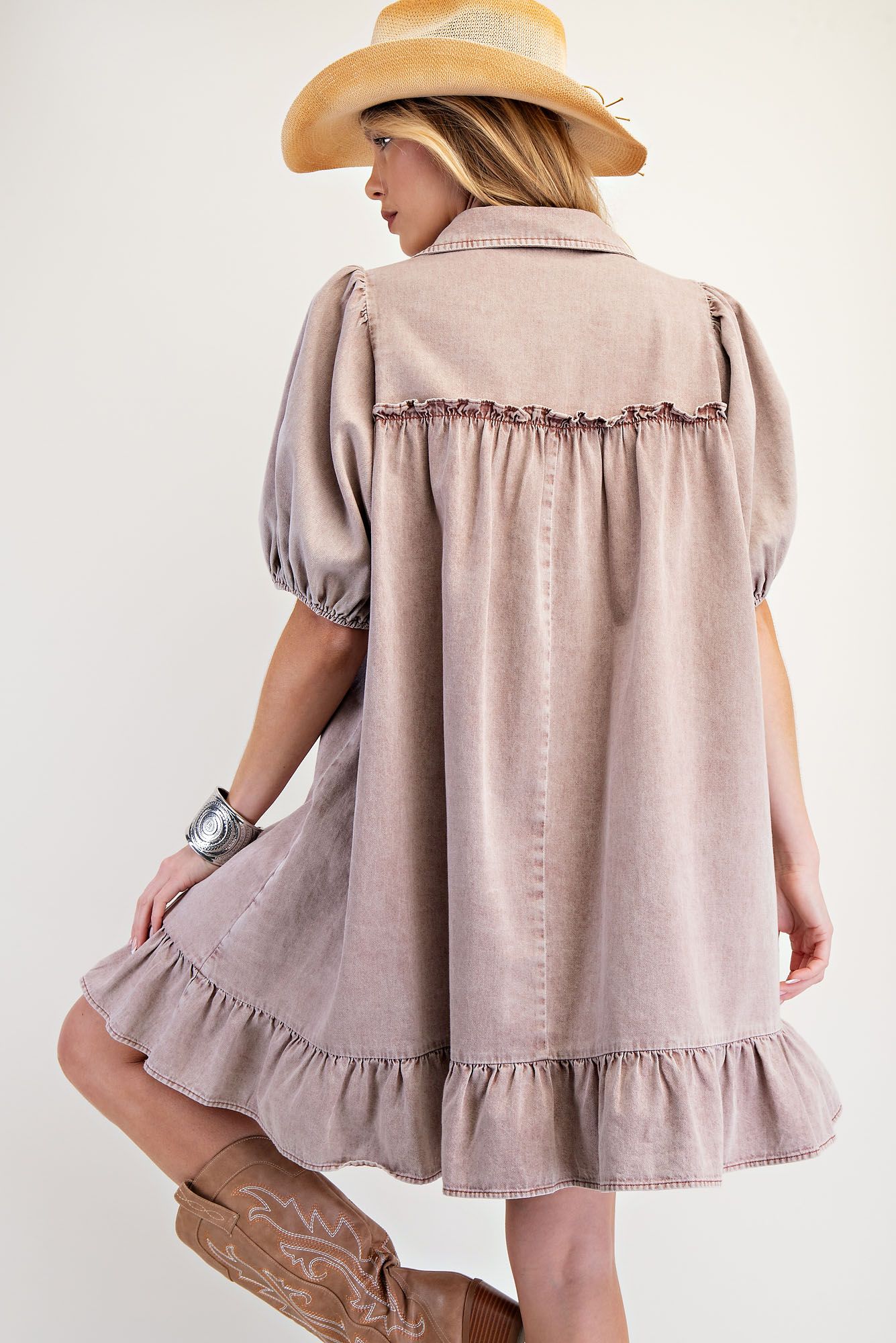 Ruffle Bottom Washed Chambray Dress