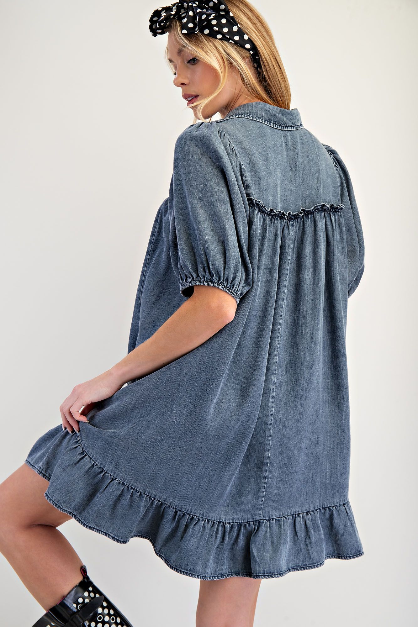 Ruffle Bottom Washed Chambray Dress