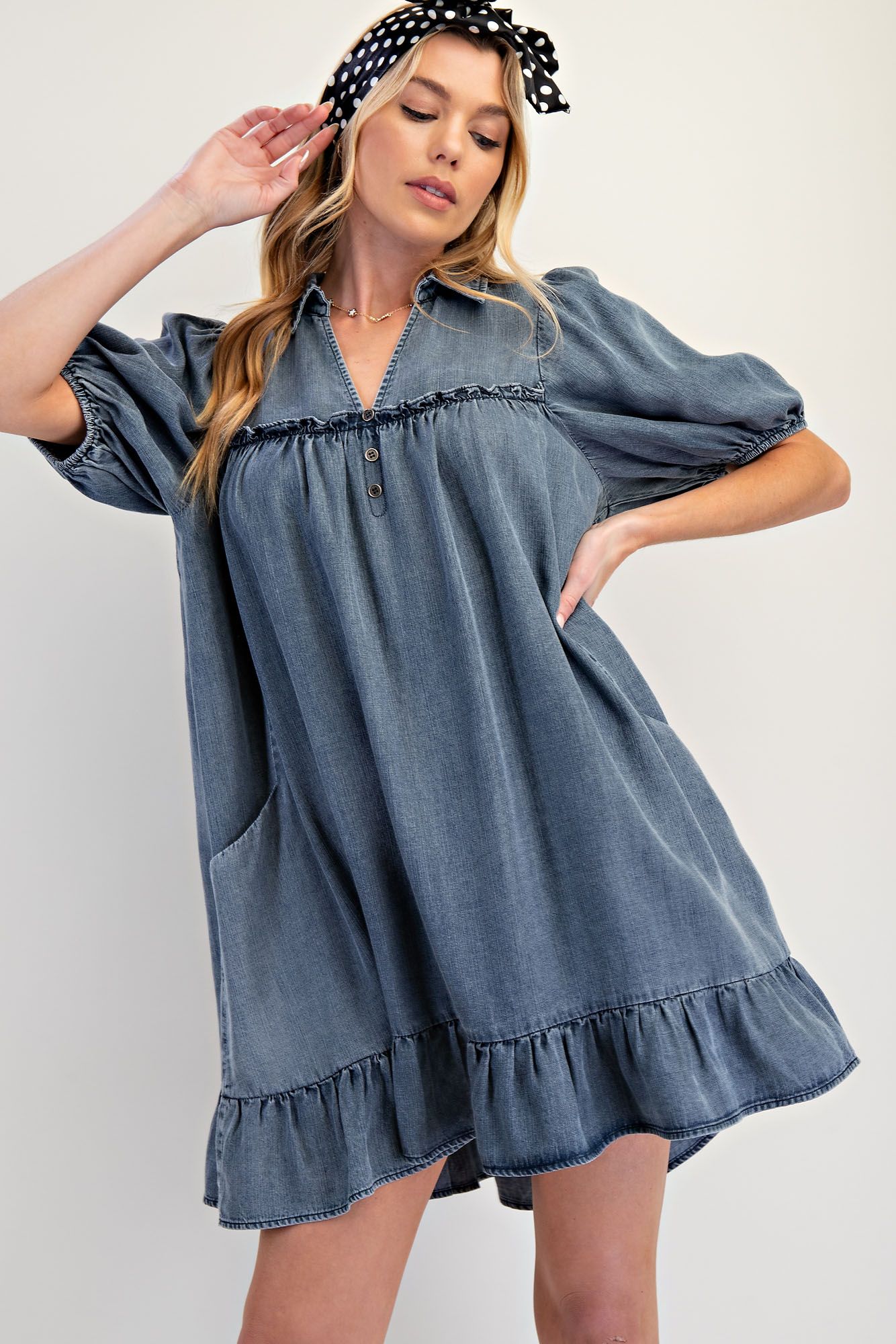 Ruffle Bottom Washed Chambray Dress