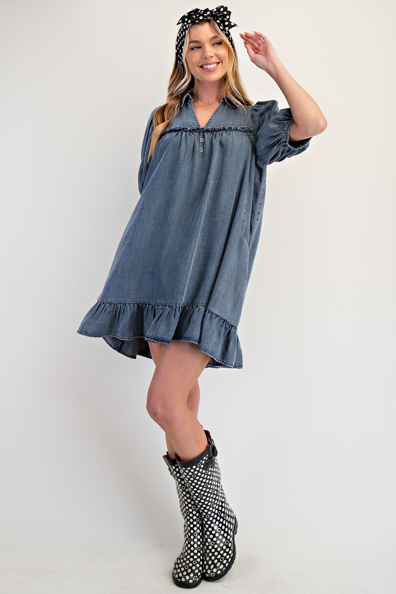 Ruffle Bottom Washed Chambray Dress
