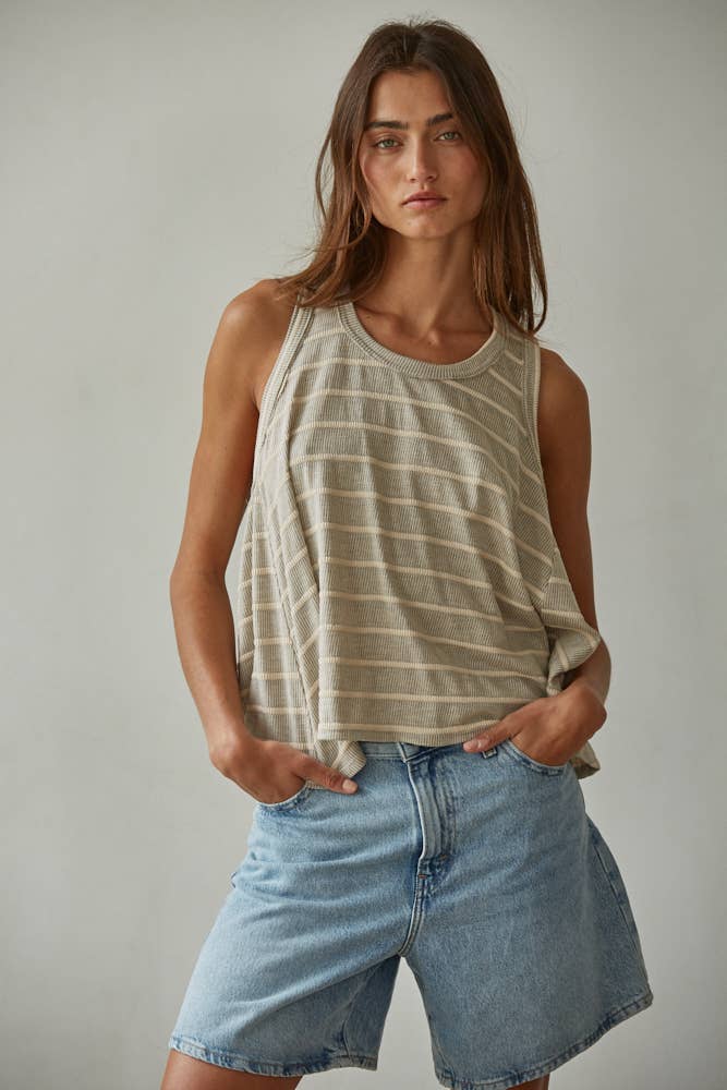 Knit Striped Round Neck Sleeveless Tank Top