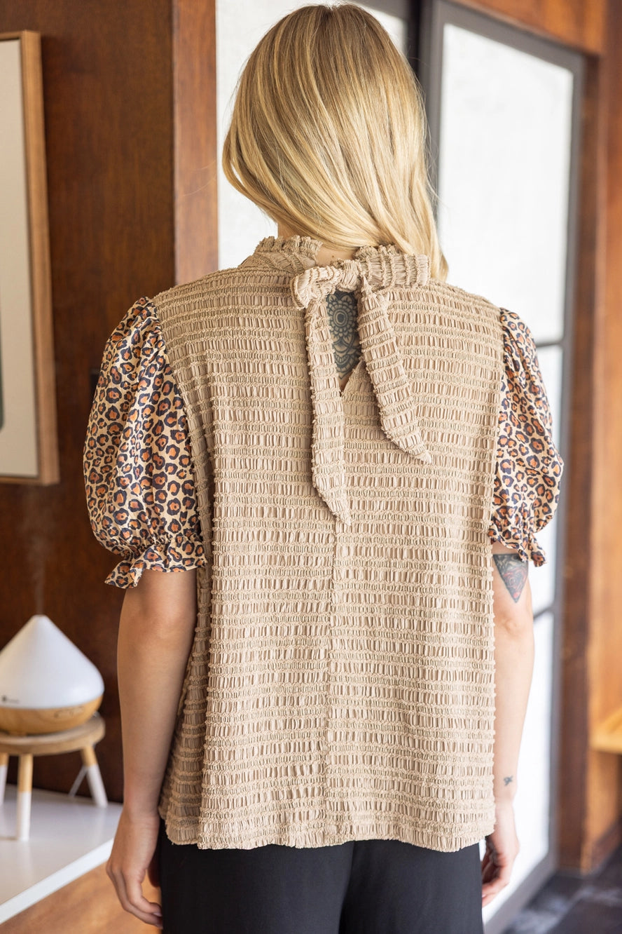 Self Tie High Neck Leopard Printed Sleeve Top