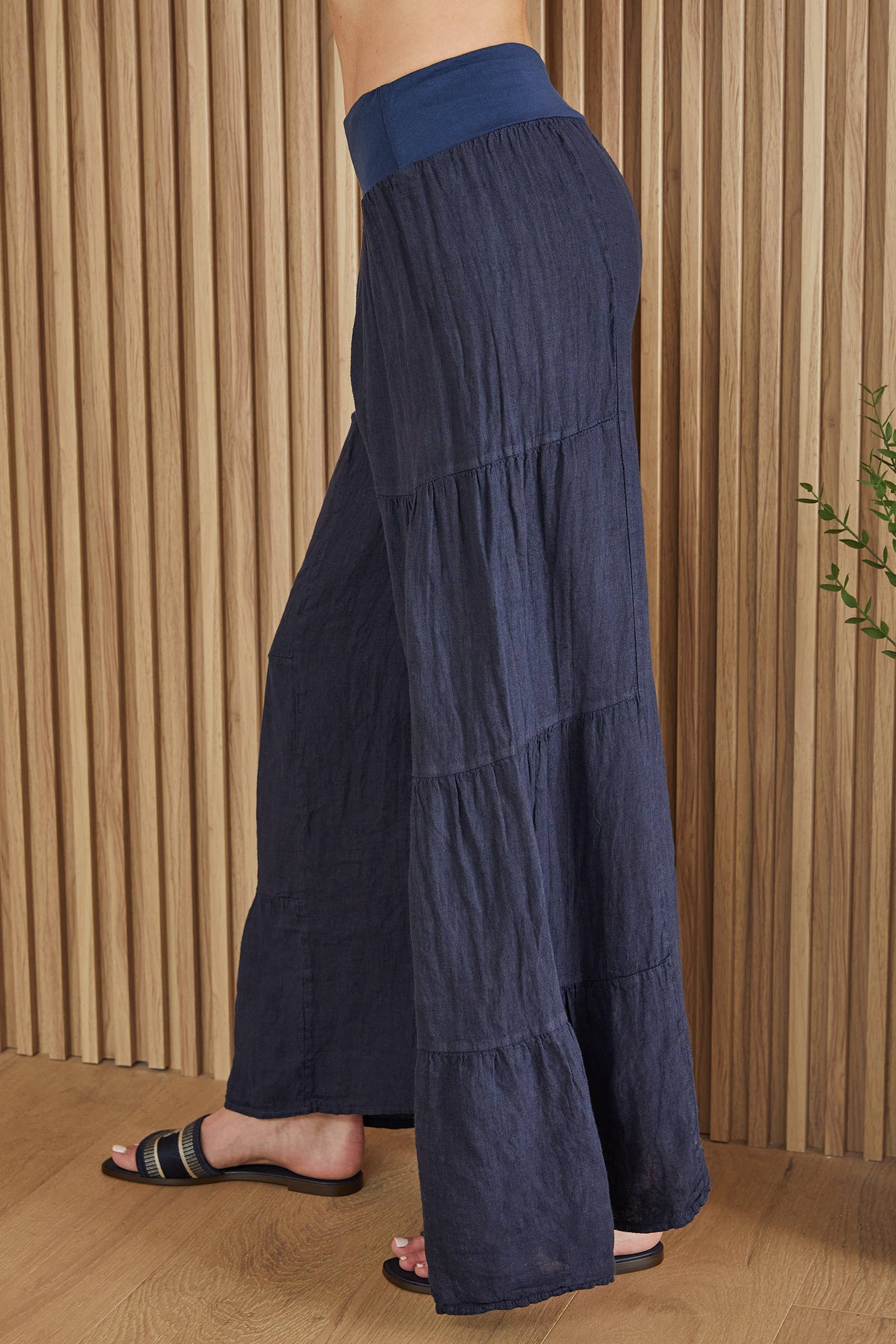 Navy Blue Linen Tiered Palazzo Pants