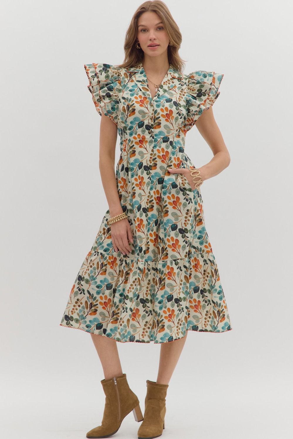 Botanical Ecru Print Midi Dress