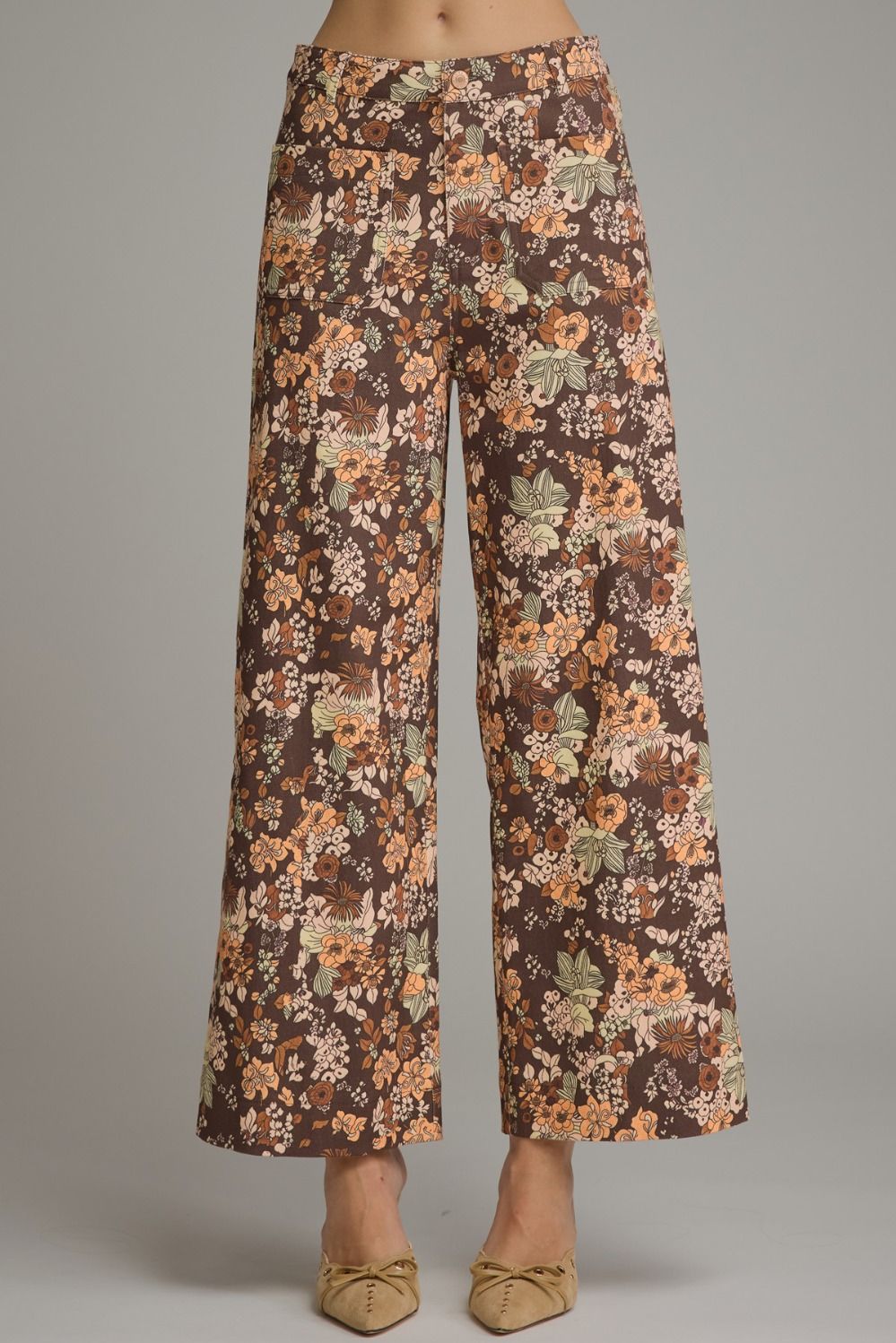 Retro Orange Floral Wide-Leg Pants