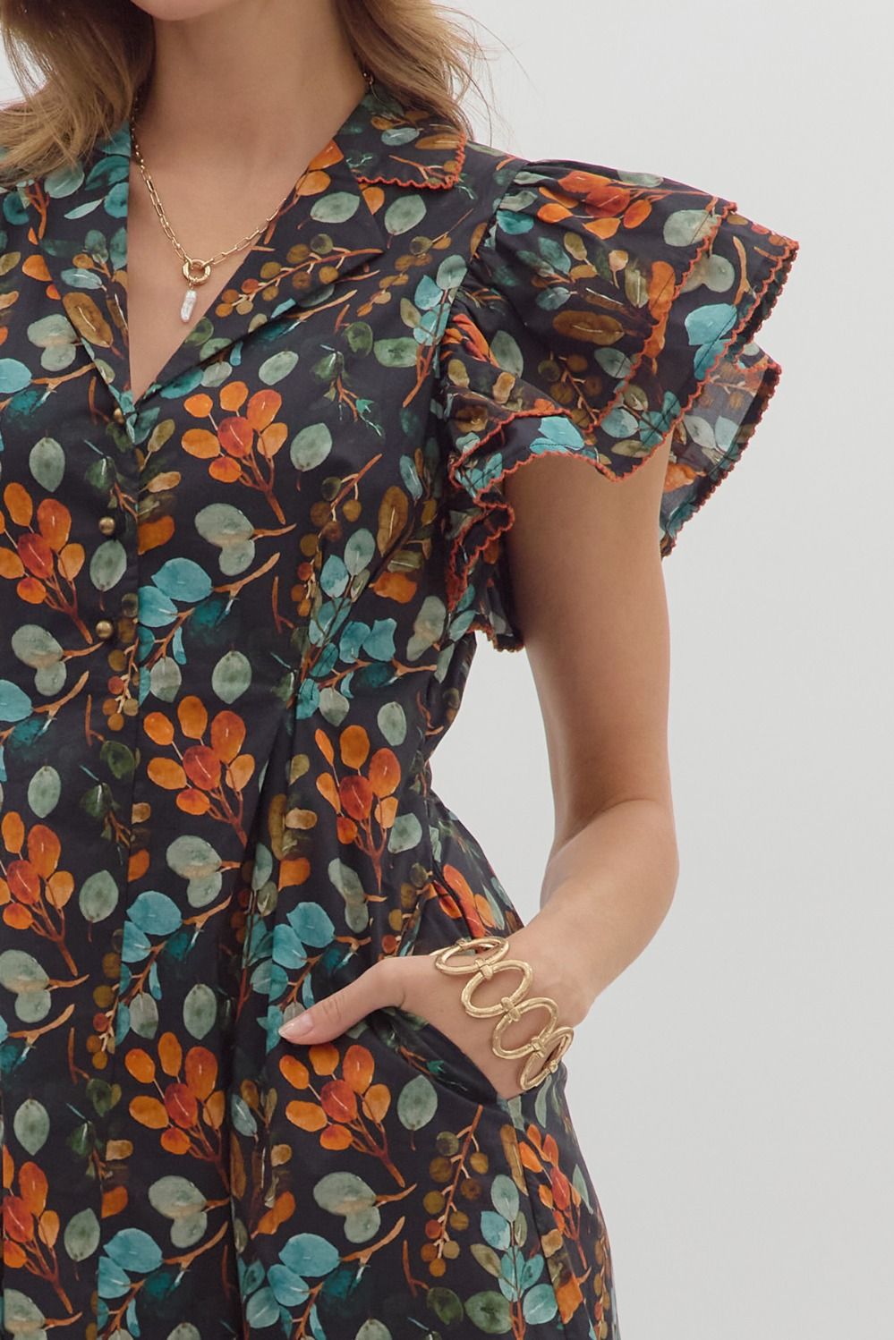 Botanical Black Print Midi Dress