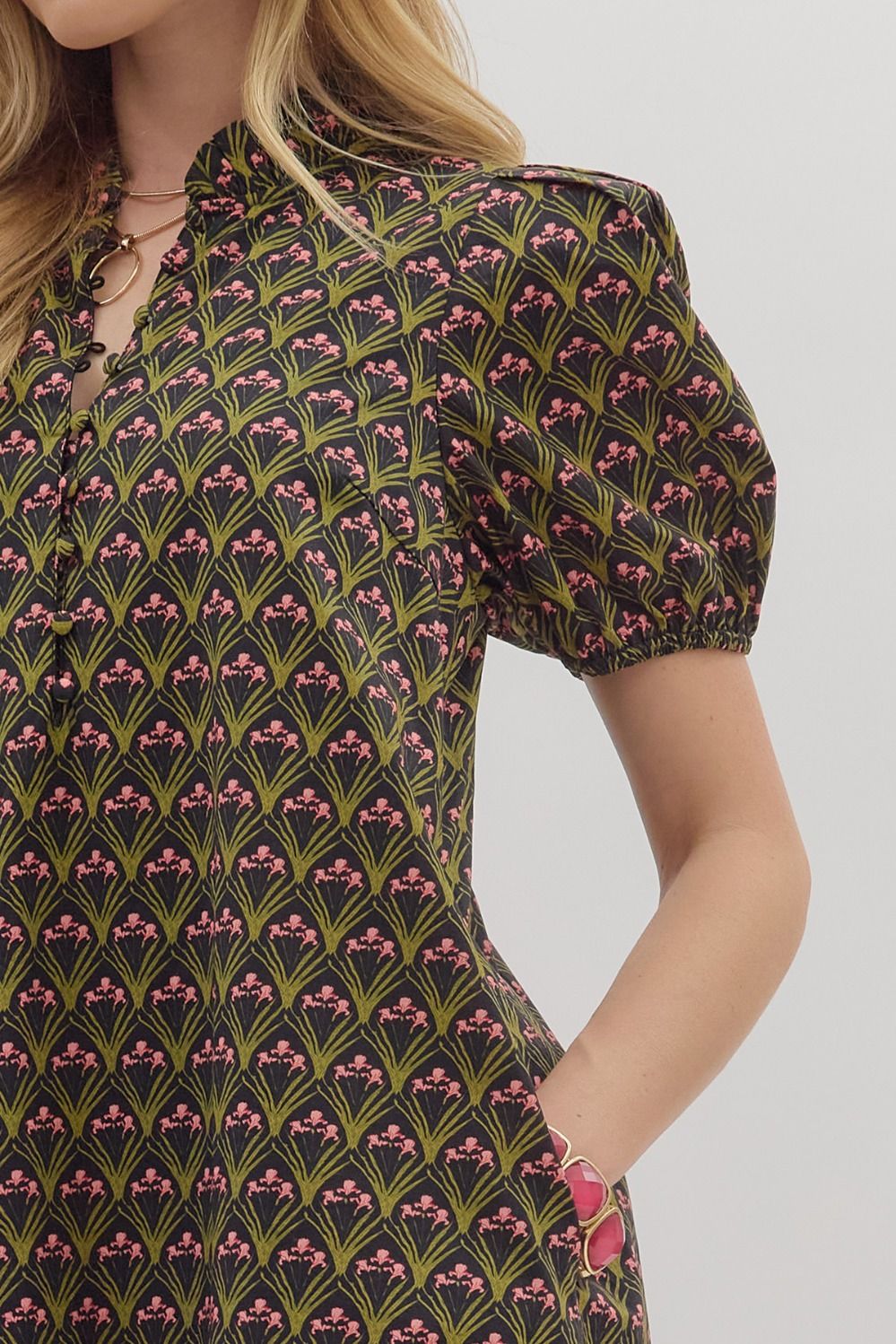 Floral Print Shoulder Pleated Puff Sleeve Ruffle Hem Midi Dress