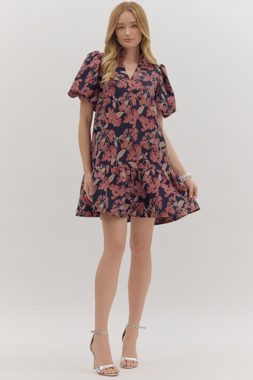 Botanical Print Puff Sleve Mini Dress