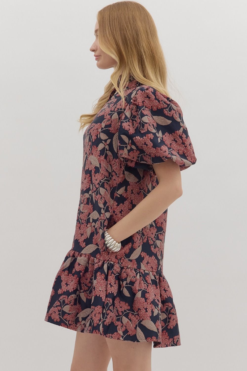 Botanical Print Puff Sleve Mini Dress