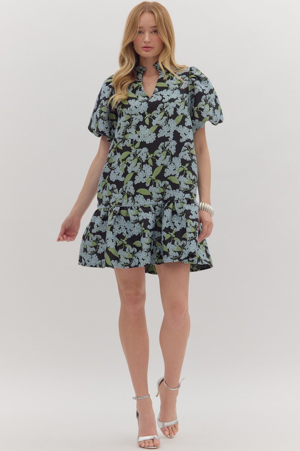 Botanical Print Puff Sleve Mini Dress