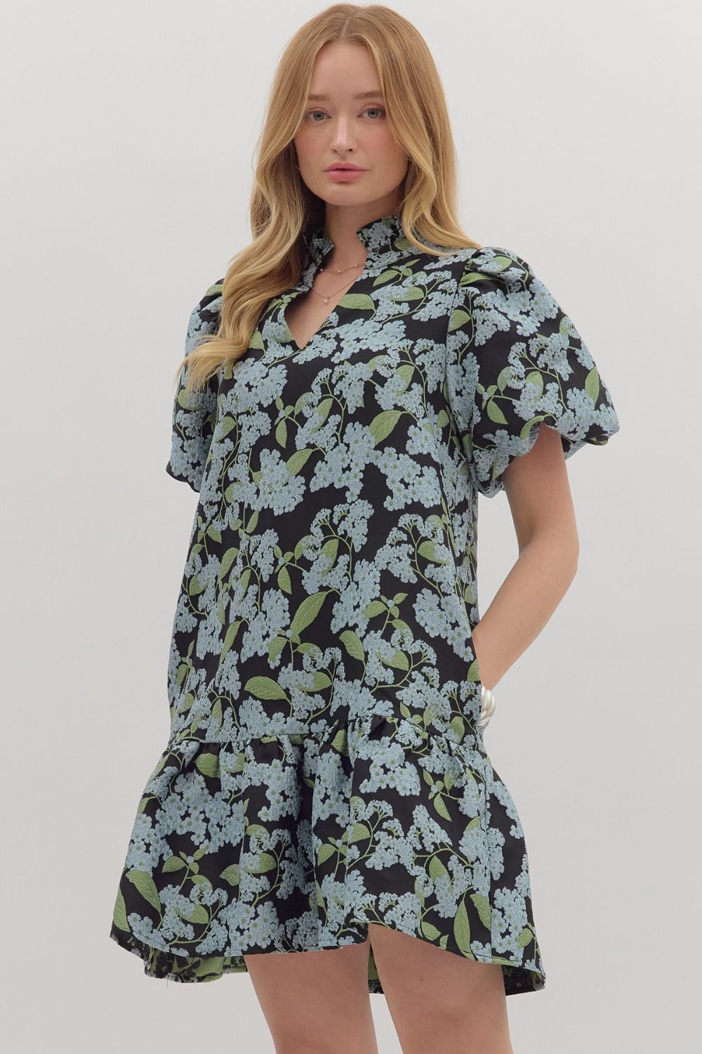 Botanical Print Puff Sleve Mini Dress