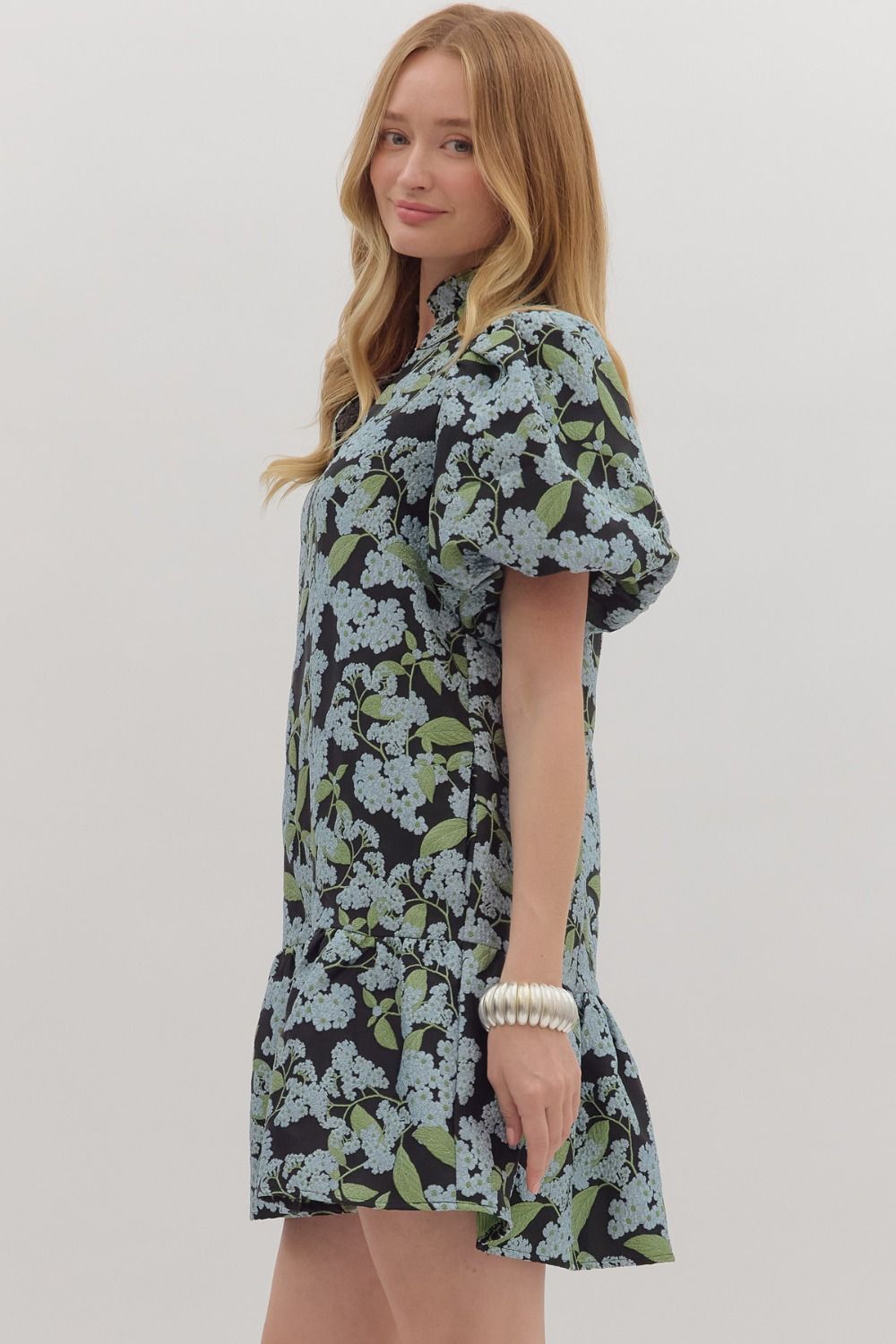 Botanical Print Puff Sleve Mini Dress