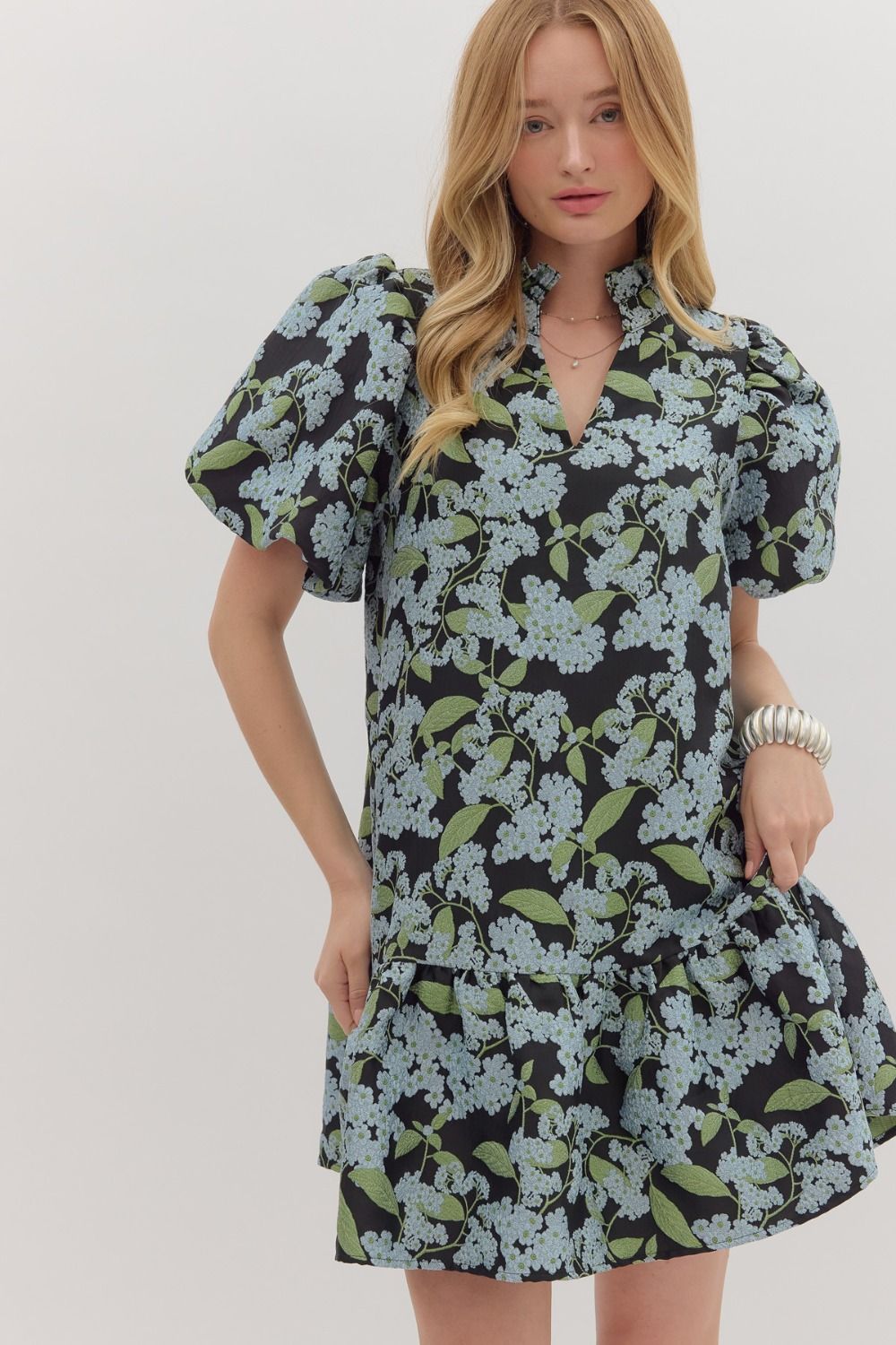 Botanical Print Puff Sleve Mini Dress