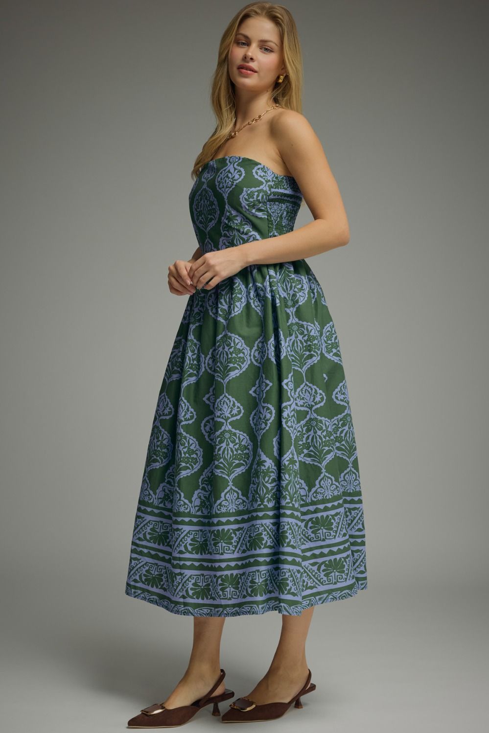 Printed Strapless Cotton Midi Dress