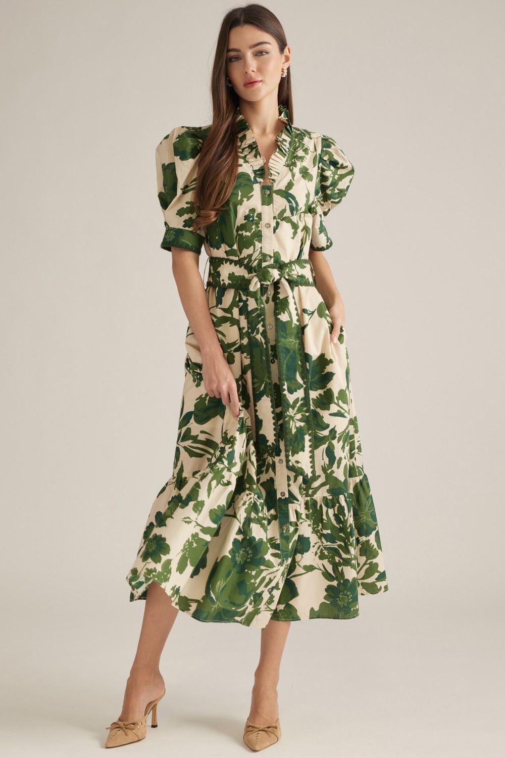 Green Floral Midi Dress with Belt