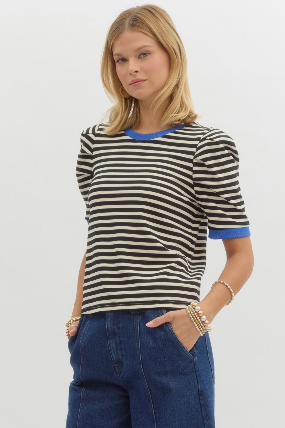 Black Striped Tee with Blue Edges
