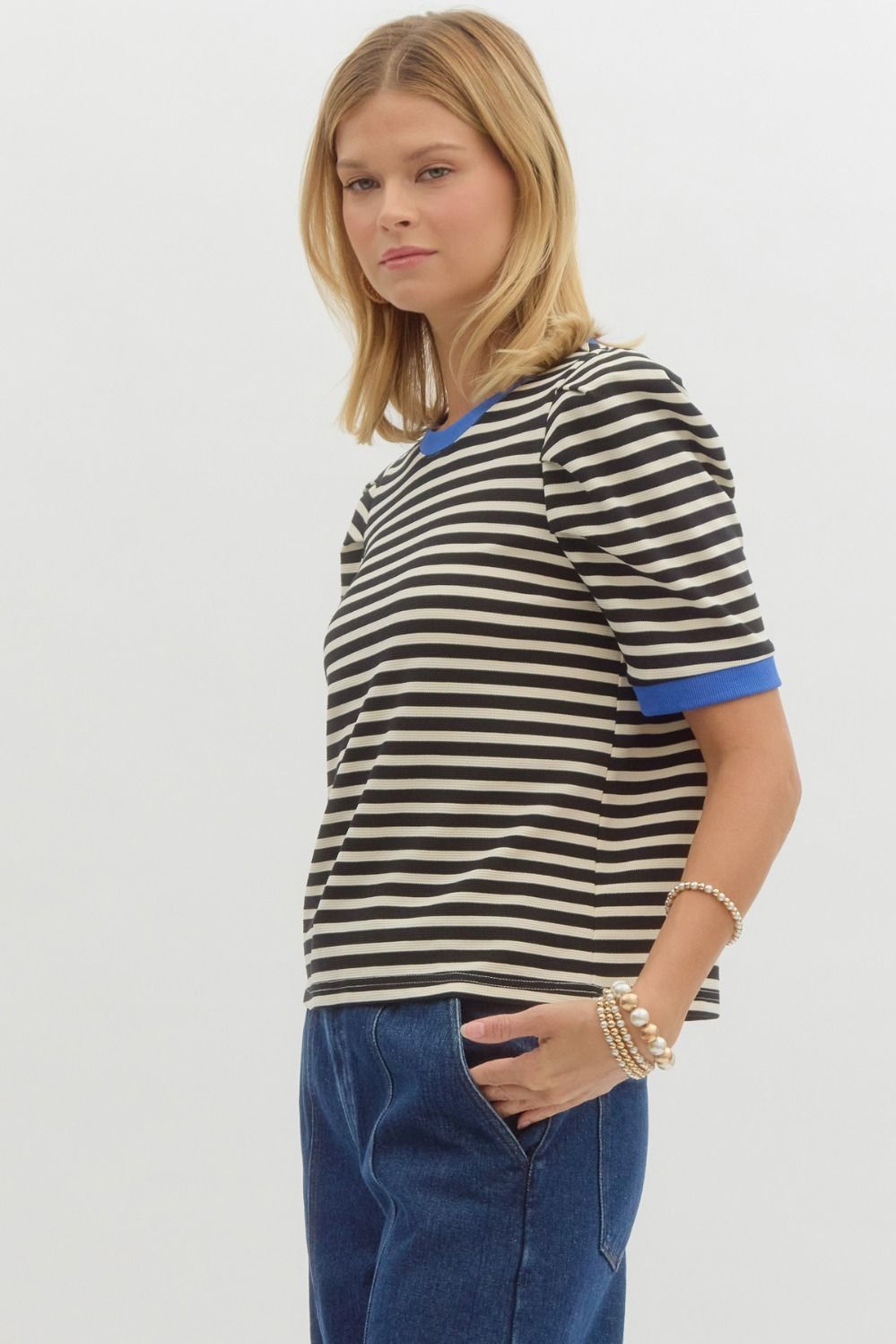 Black Striped Tee with Blue Edges