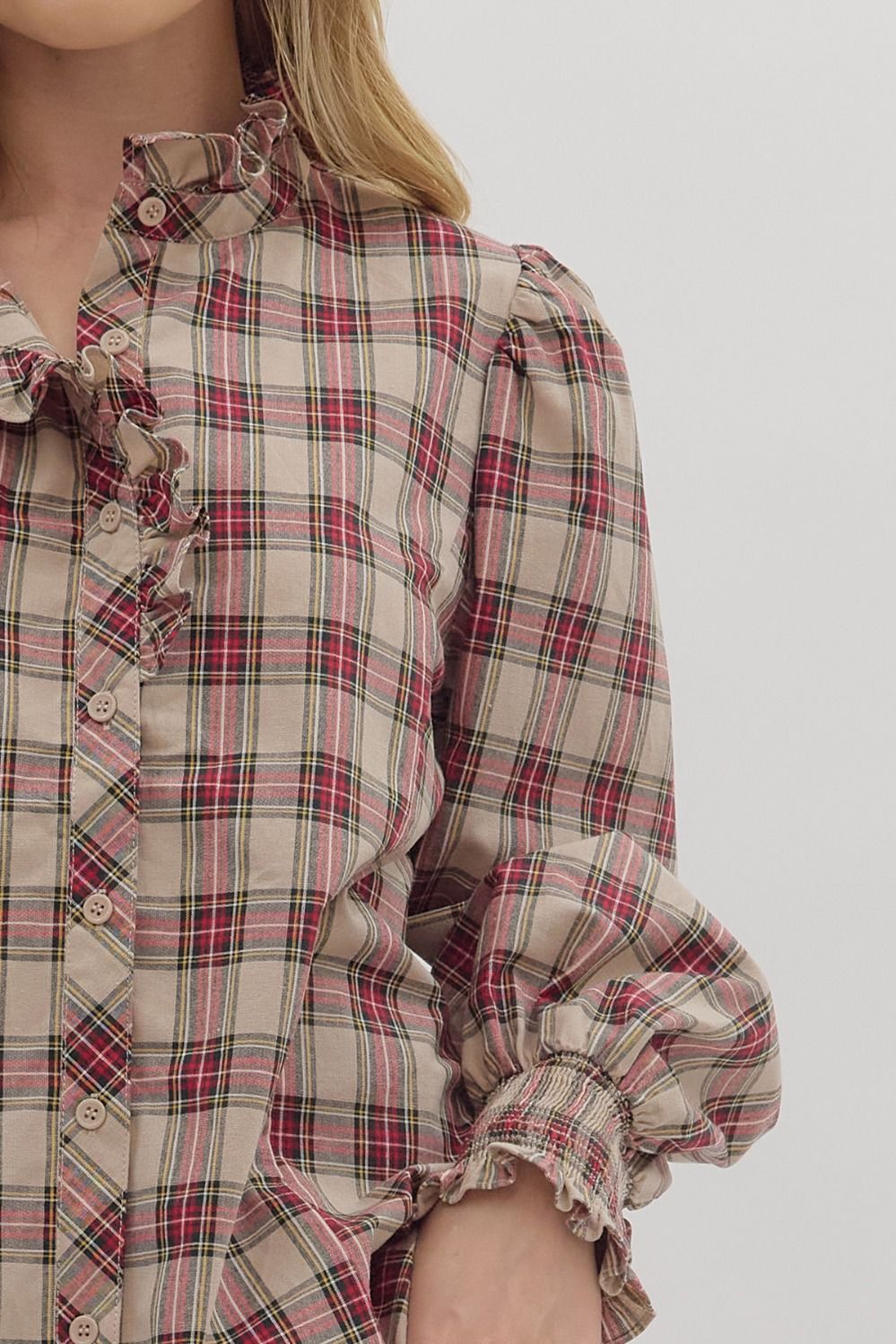 Feminine High Ruffle Neck Button-Down Plaid Blouse