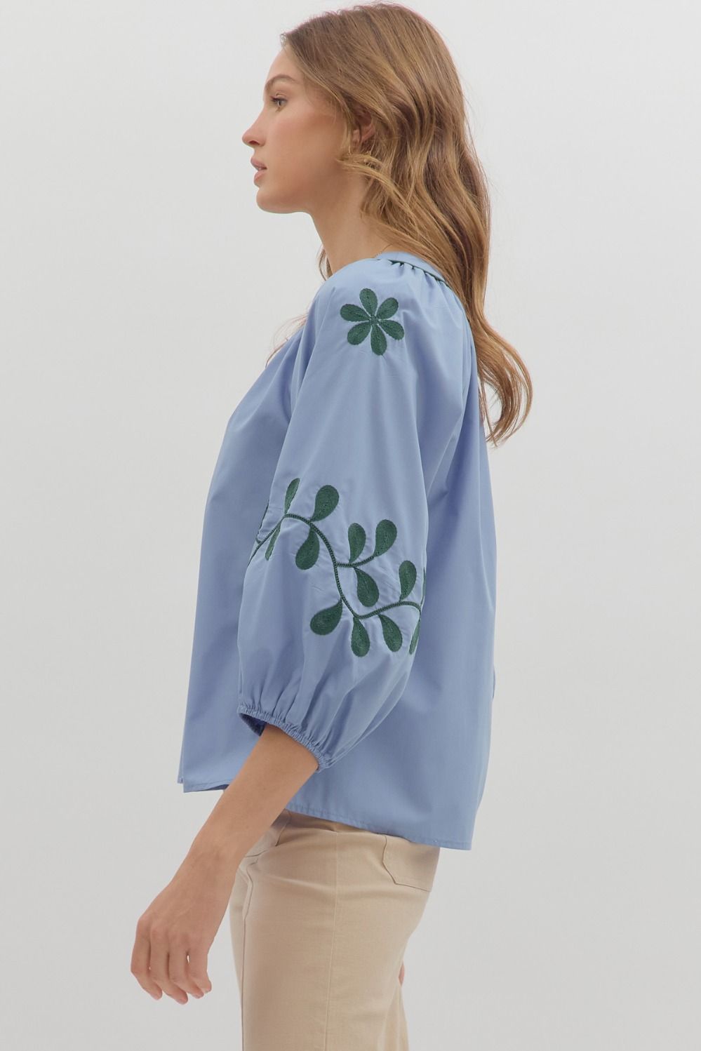 Solid Top Featuring Embroidered ¾ Sleeves