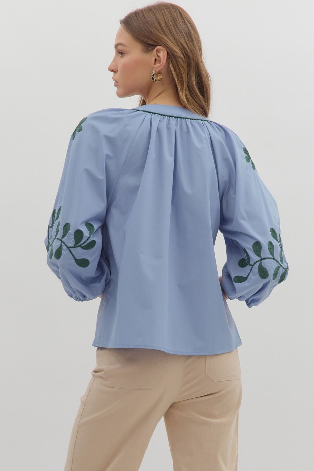 Solid Top Featuring Embroidered ¾ Sleeves