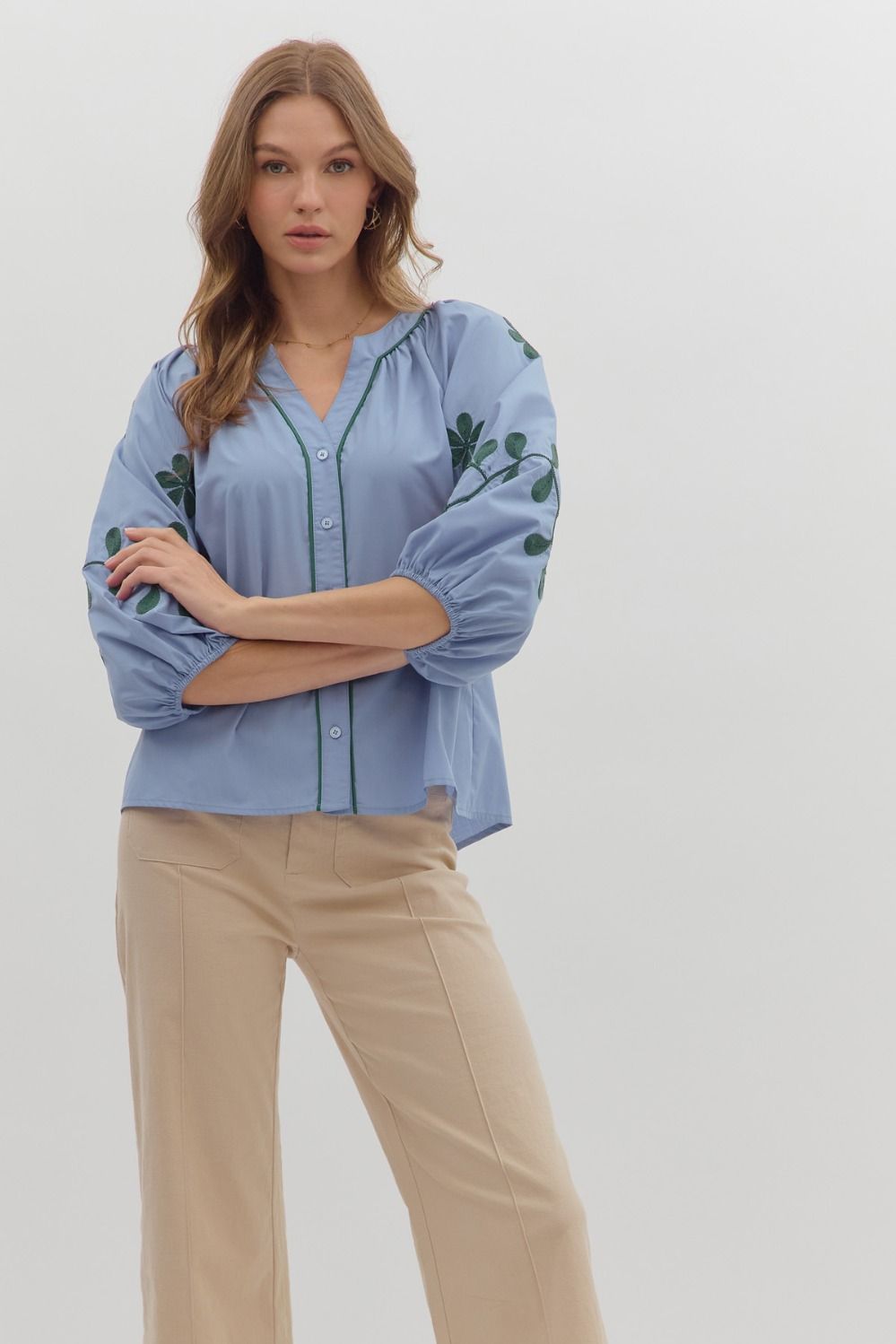 Solid Top Featuring Embroidered ¾ Sleeves