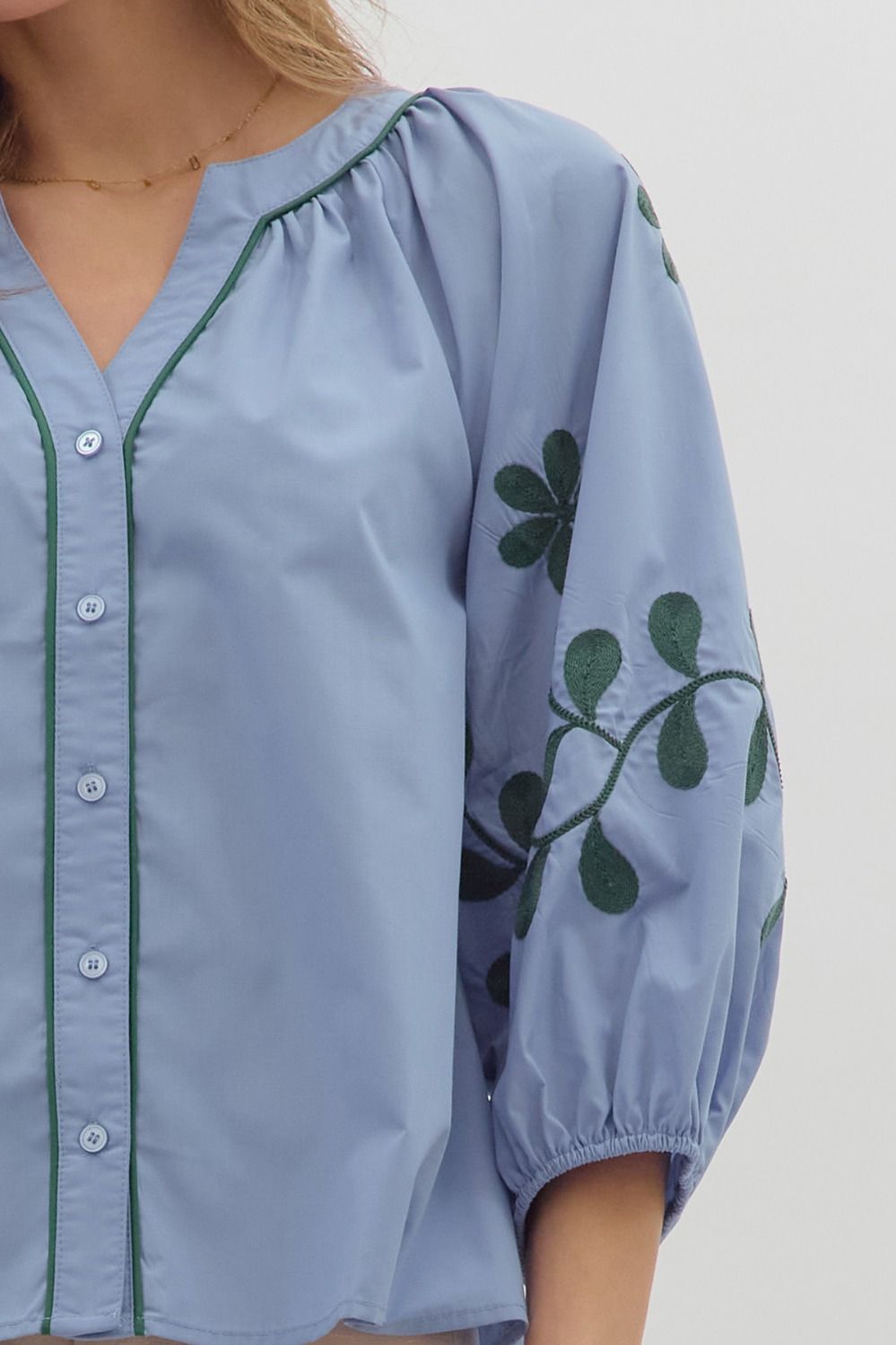 Solid Top Featuring Embroidered ¾ Sleeves