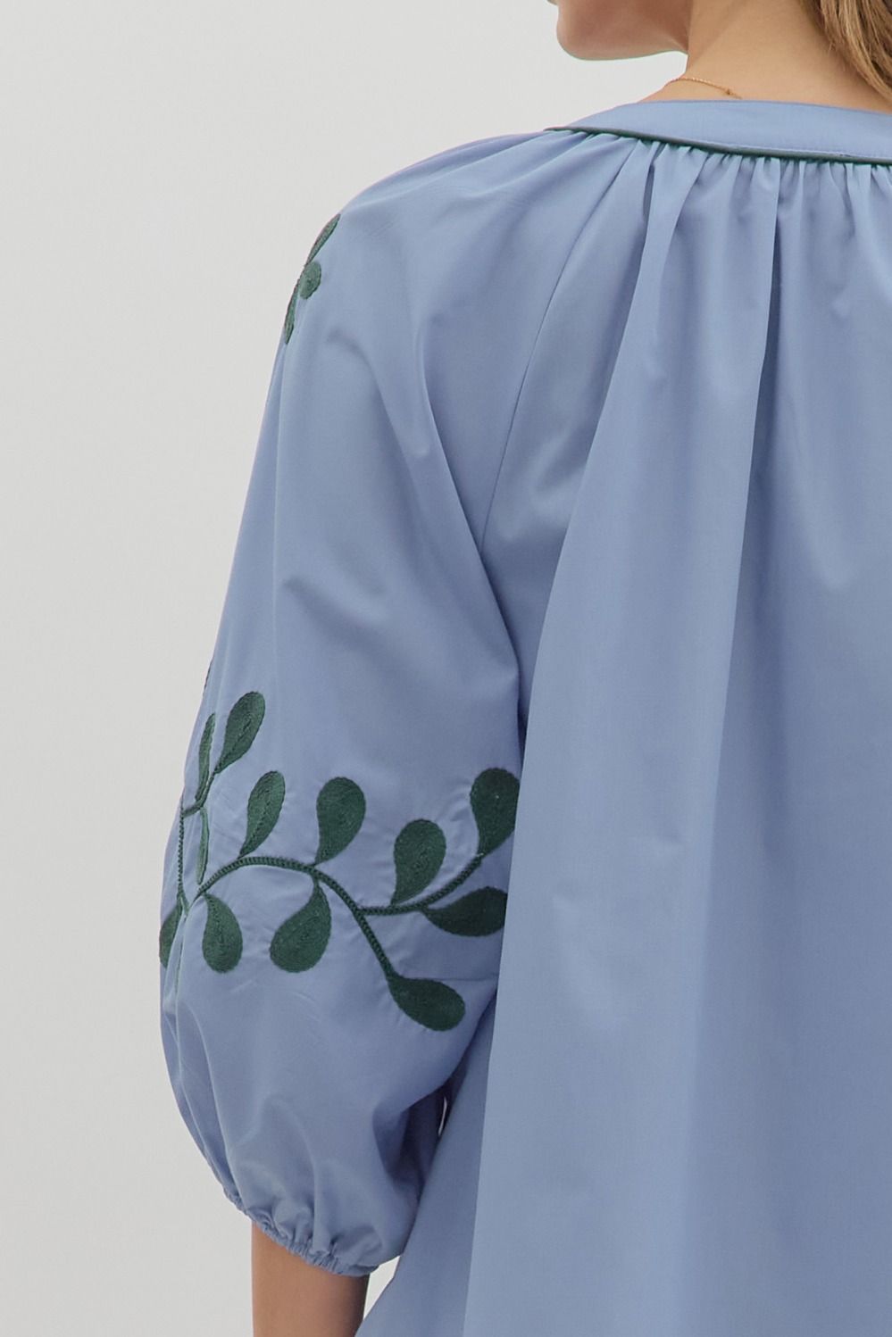 Solid Top Featuring Embroidered ¾ Sleeves
