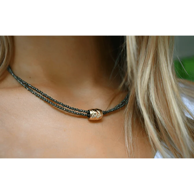 Gold Filled Barrel on Beaded Double Pyrite Chain Waterproof
