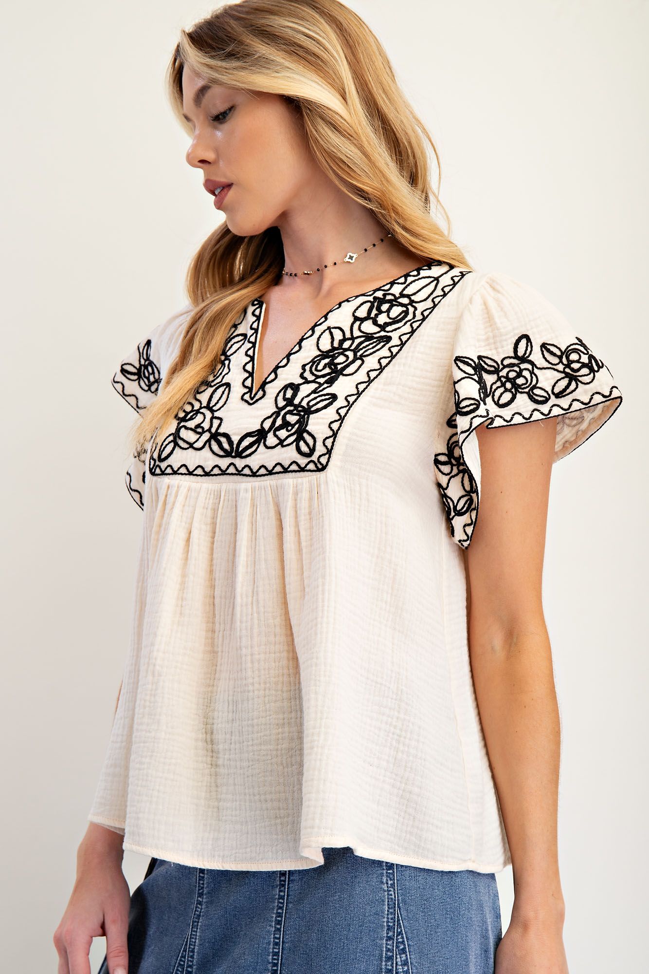 Embo Cotton Gauze Babydoll Top