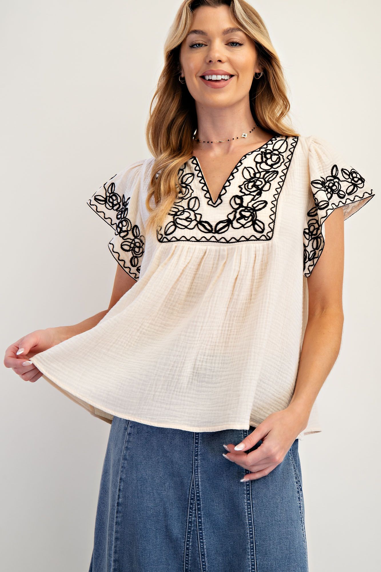 Embo Cotton Gauze Babydoll Top