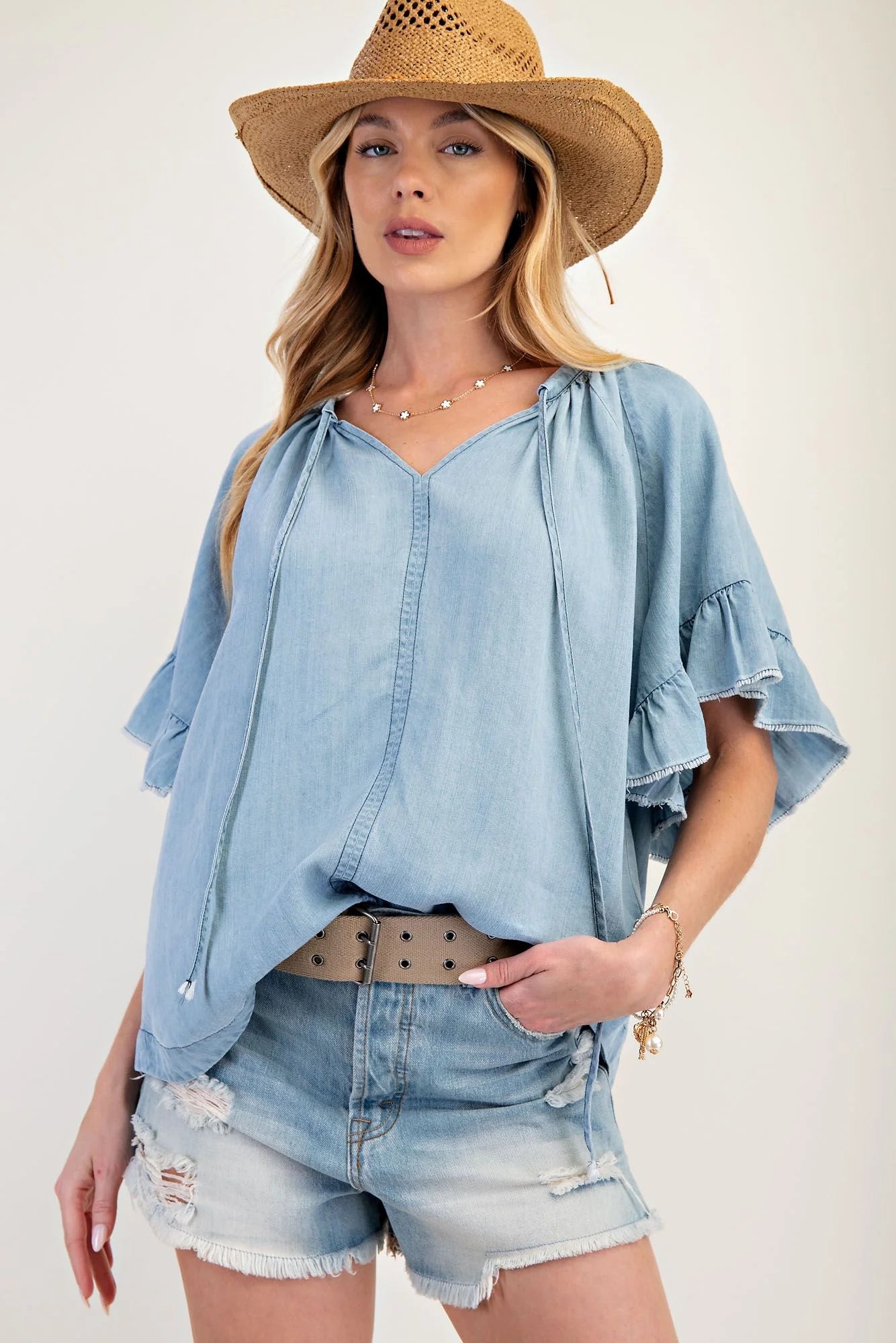 Washed Chambray Woven Top