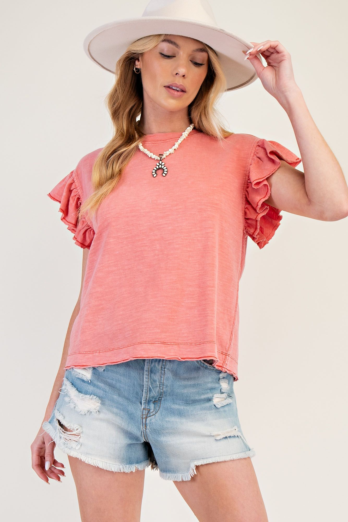 Wing Sleeves Cotton Slub Mineral Washed Knit Top