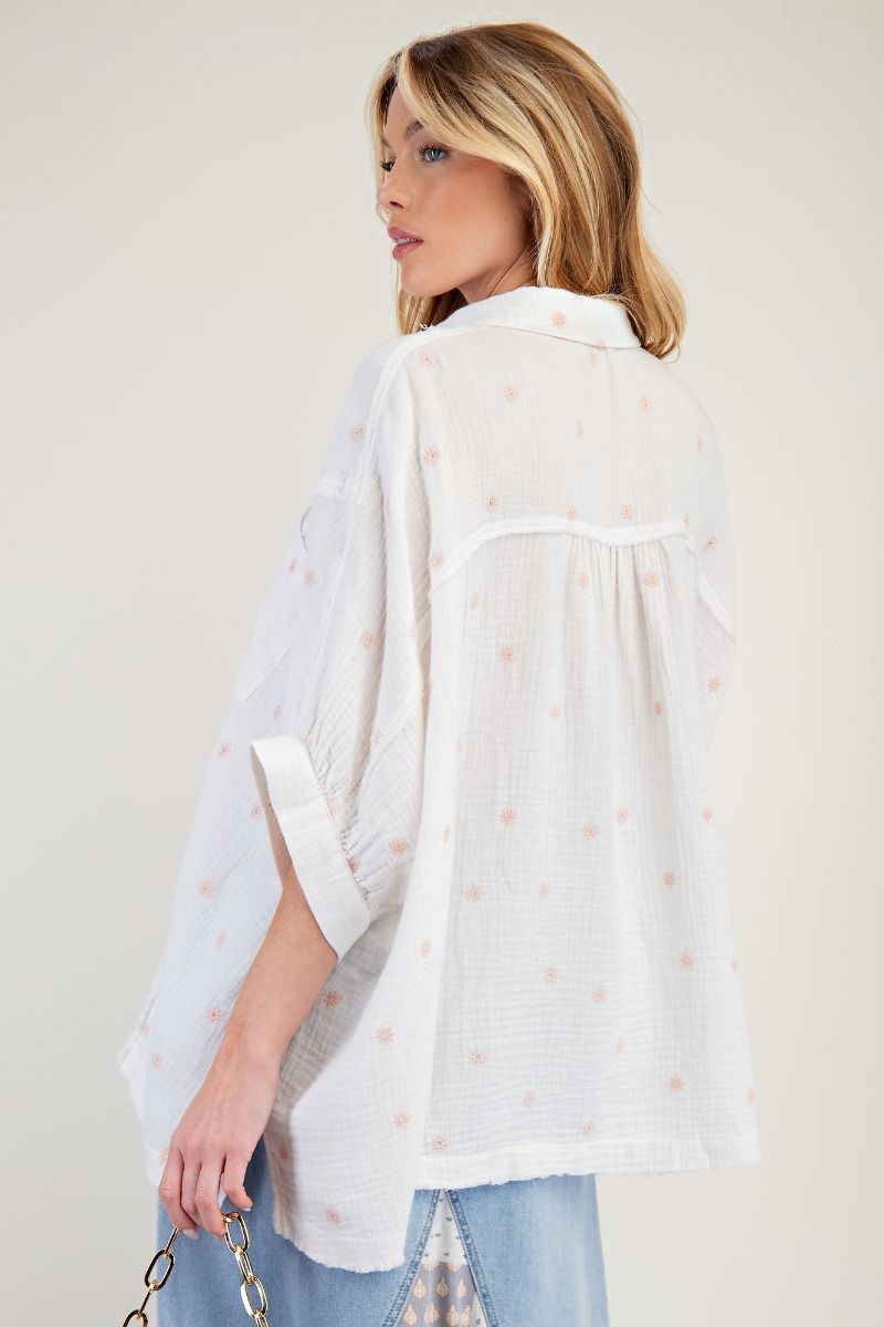 Dolman Sleeves Embroidered Cotton Gauze Shirt