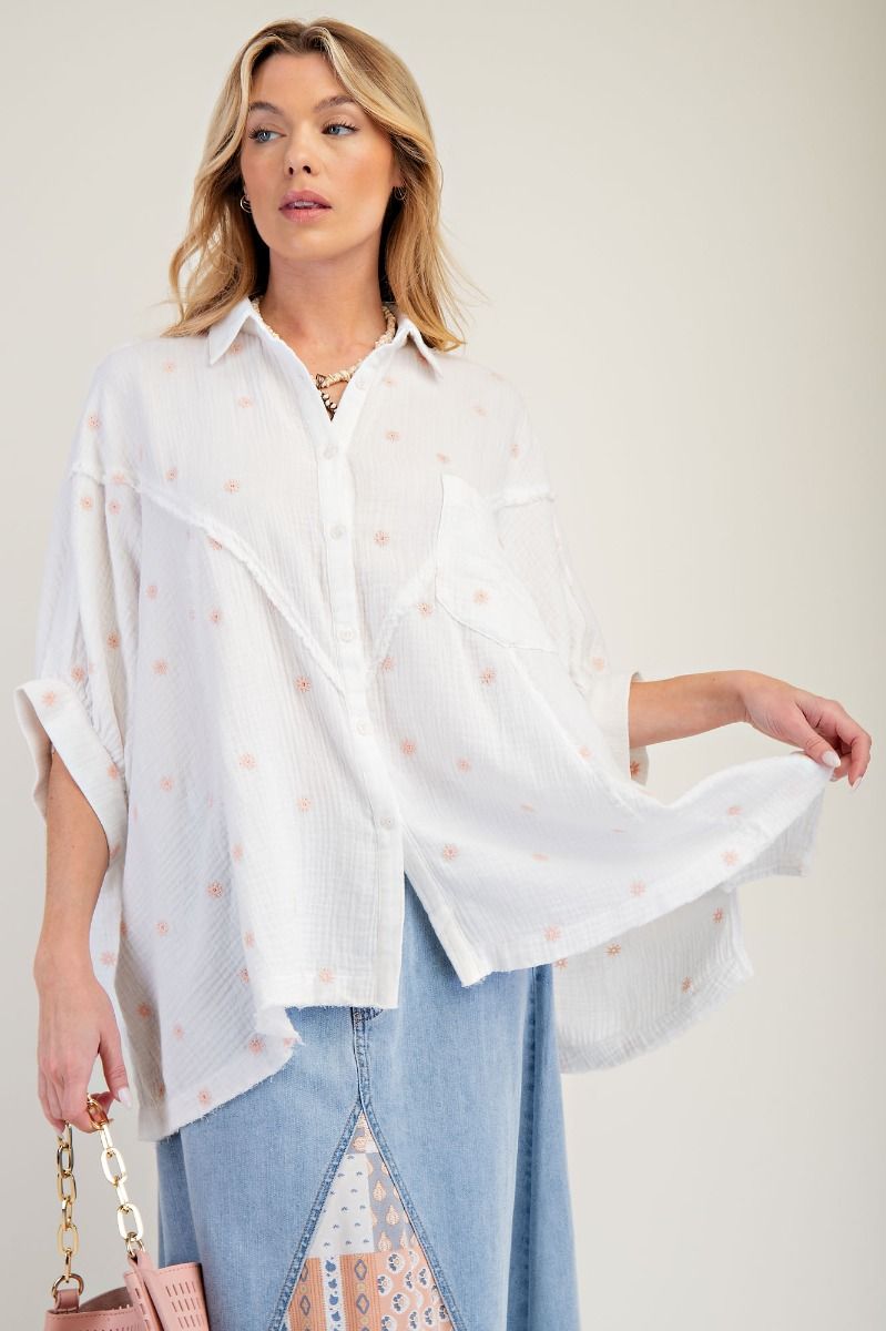Dolman Sleeves Embroidered Cotton Gauze Shirt