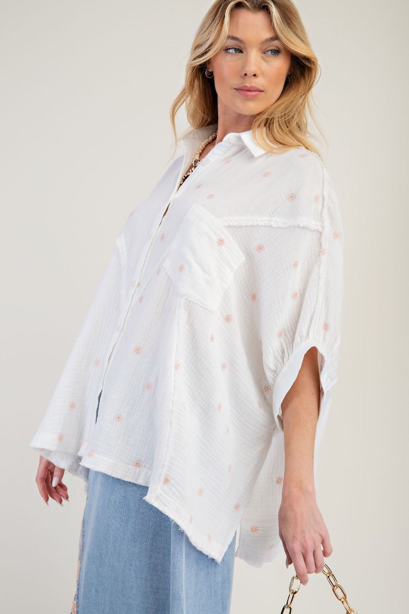 Dolman Sleeves Embroidered Cotton Gauze Shirt