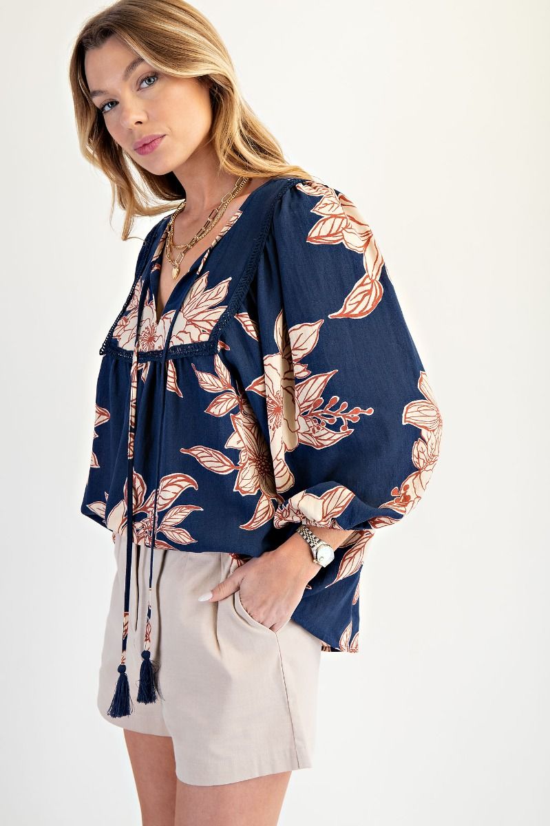 Printed Keyhole Front Woven Top