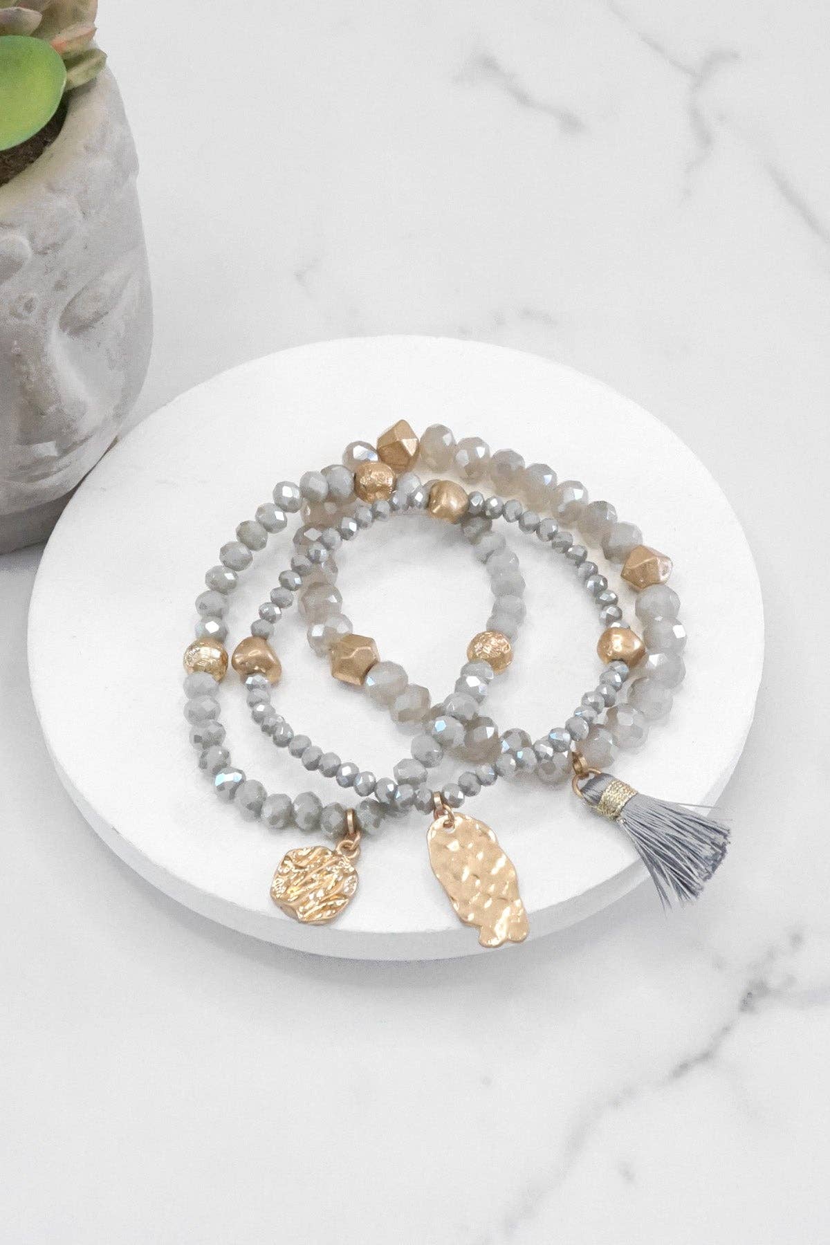 Beaded bracelet stack with tassel coin Aqua Taupe Rose Black