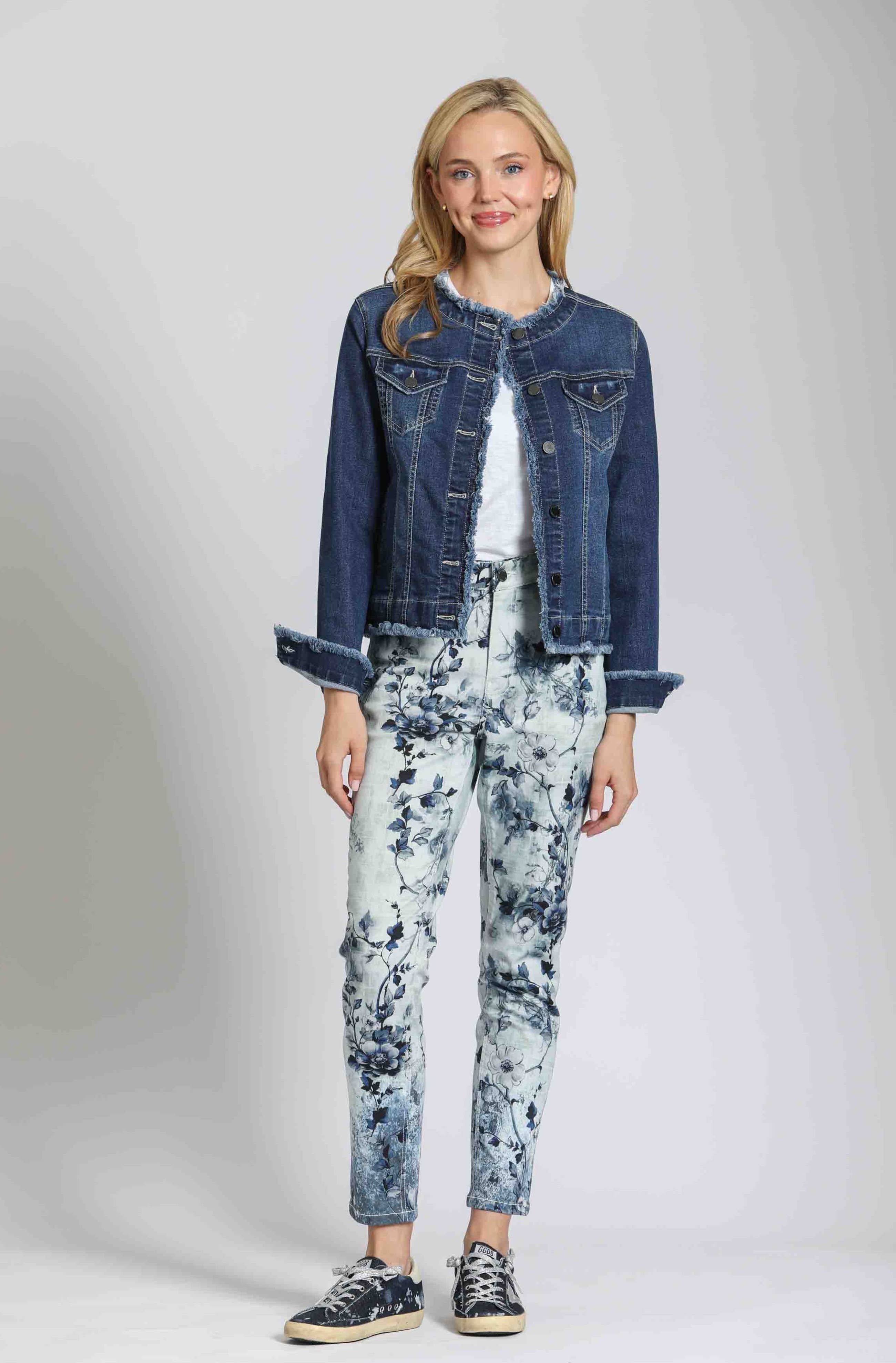 Collarless Jean Jacket With Frayed Detail