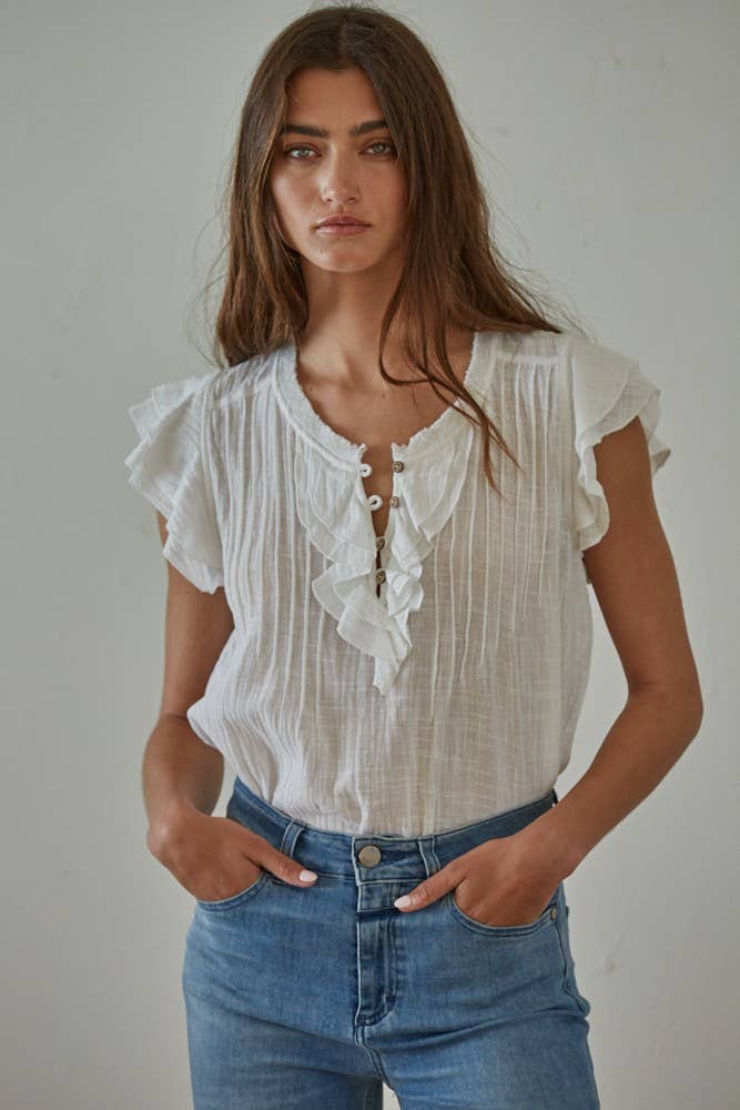 Woven Cotton Linen Button V-Neck Short Sleeve Top