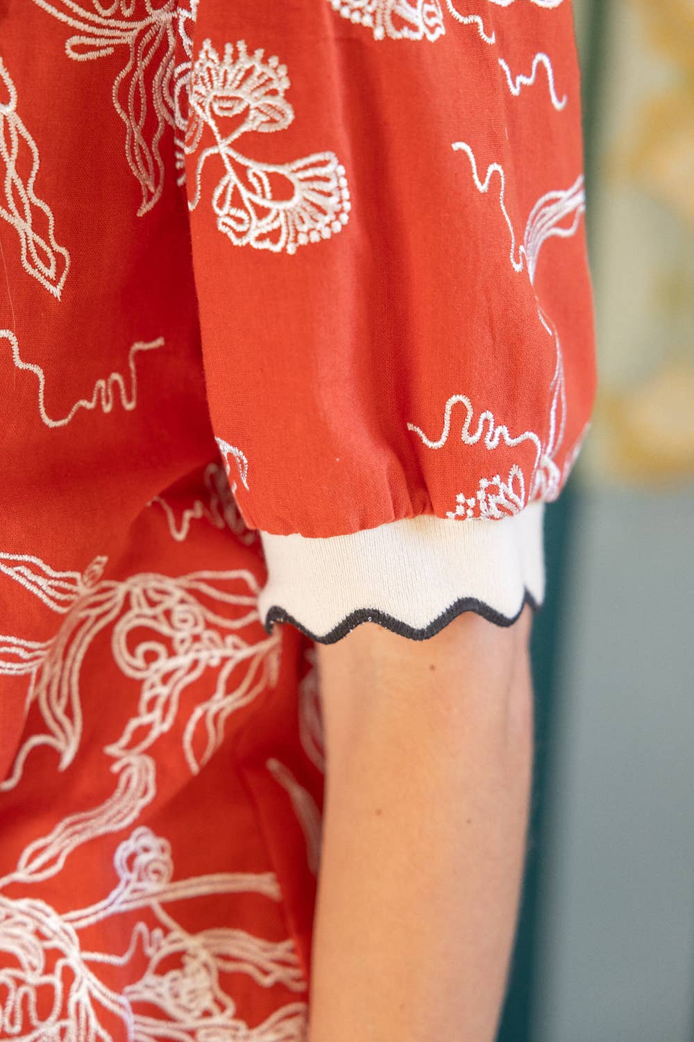 Abstract Floral Embroidered Scalloped Band Top