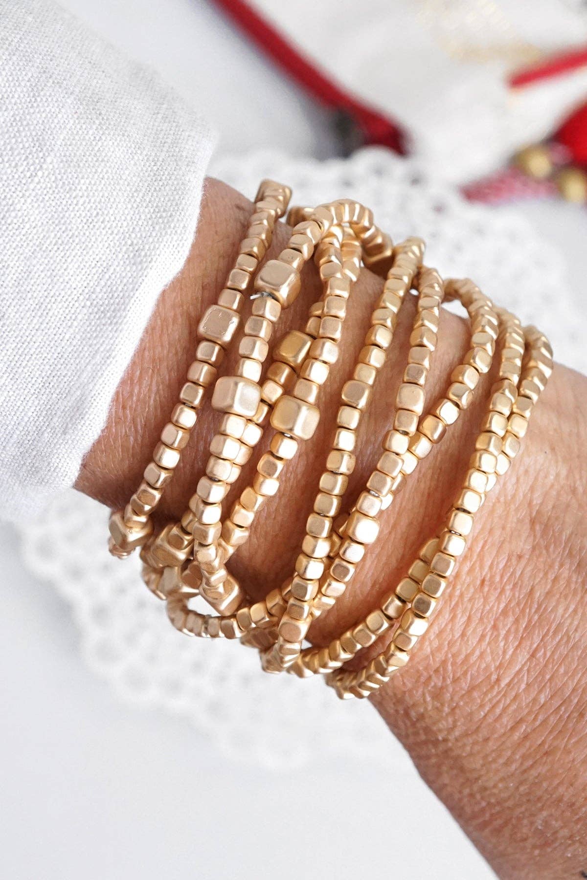 Beaded Bracelet Set Cube Beads Gold Tone