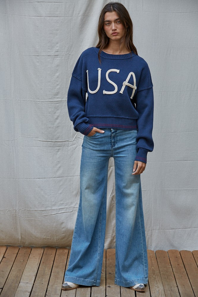 Embroidered "USA" Knit Sweater