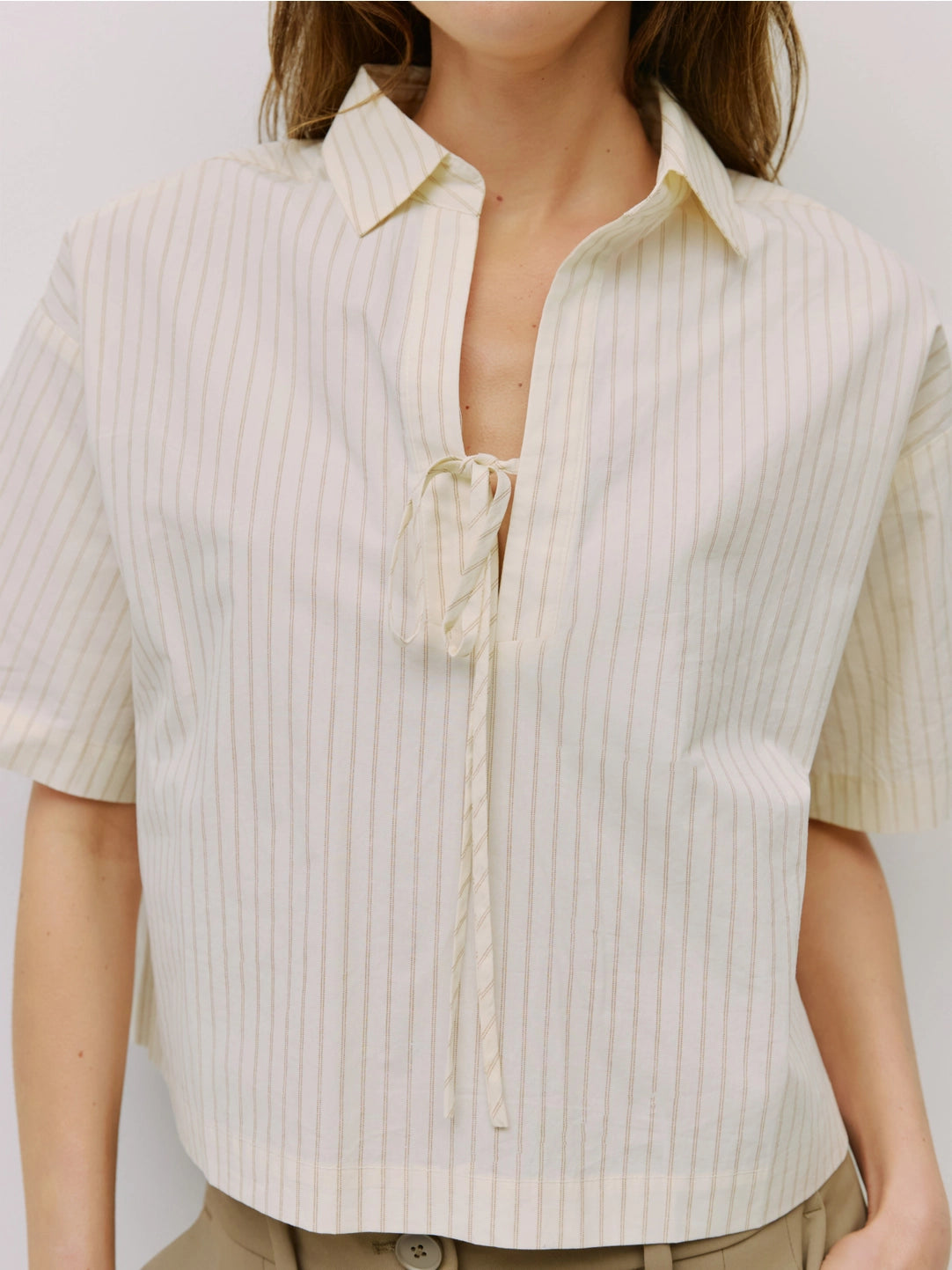 Pinstripe Oversized Tie Front Collared Shirt