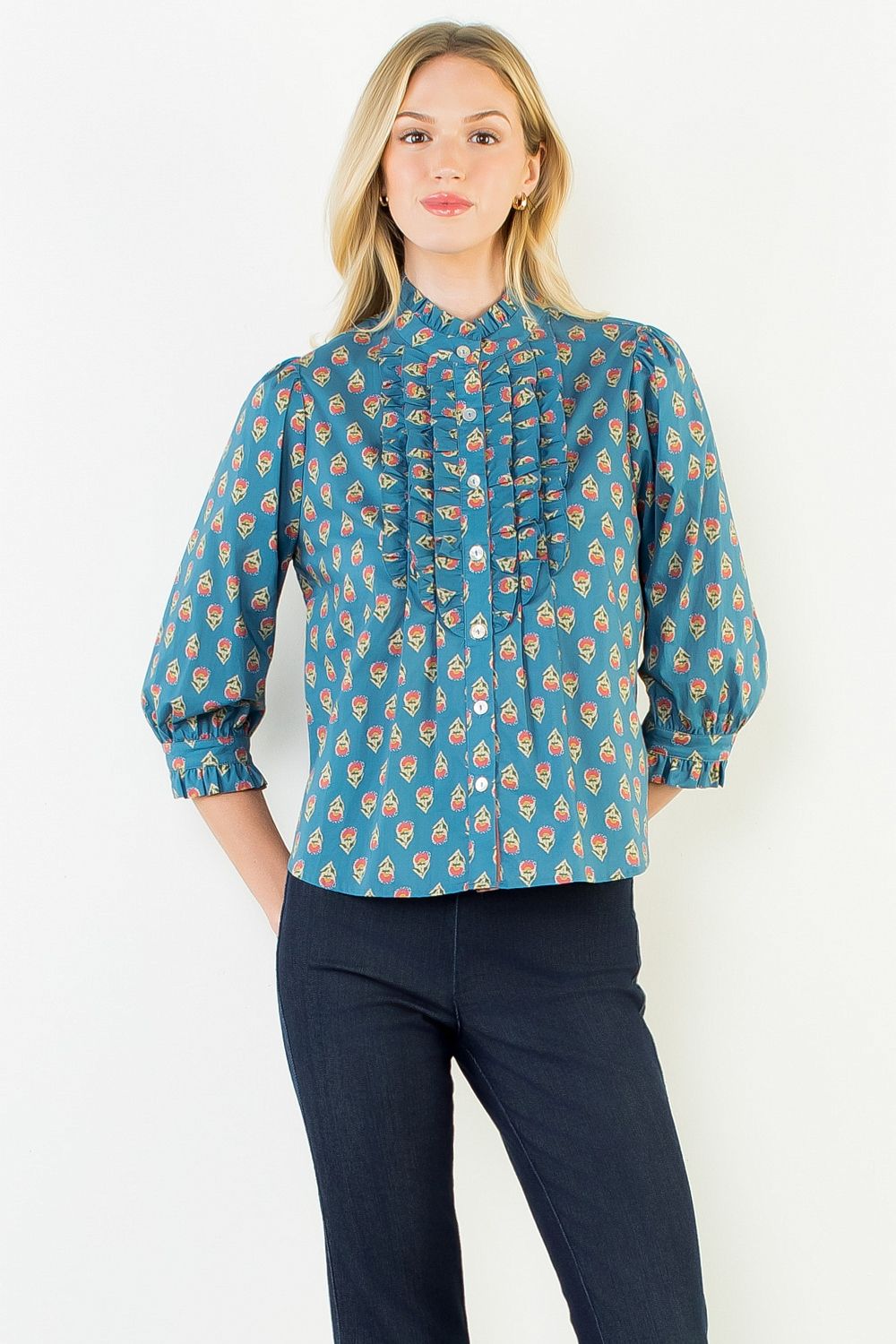Printed Floral Ruffle-Trim Blouse
