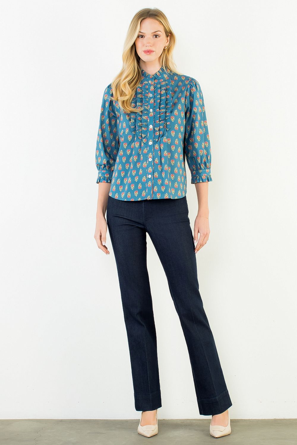 Printed Floral Ruffle-Trim Blouse