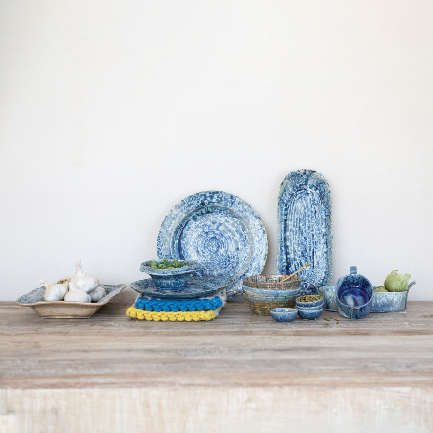 Stoneware Platter with Blue Reactive Crackle Glaze