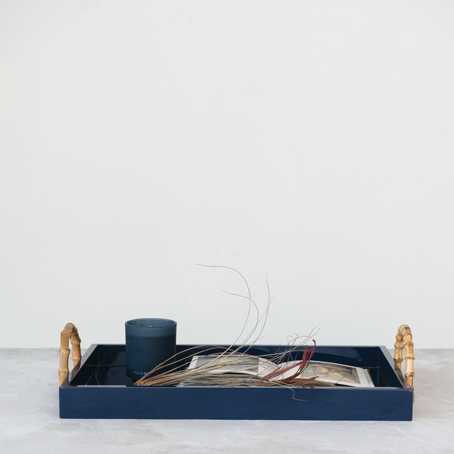 Lacquered Tray w/ Bamboo Handles & Metal Detail