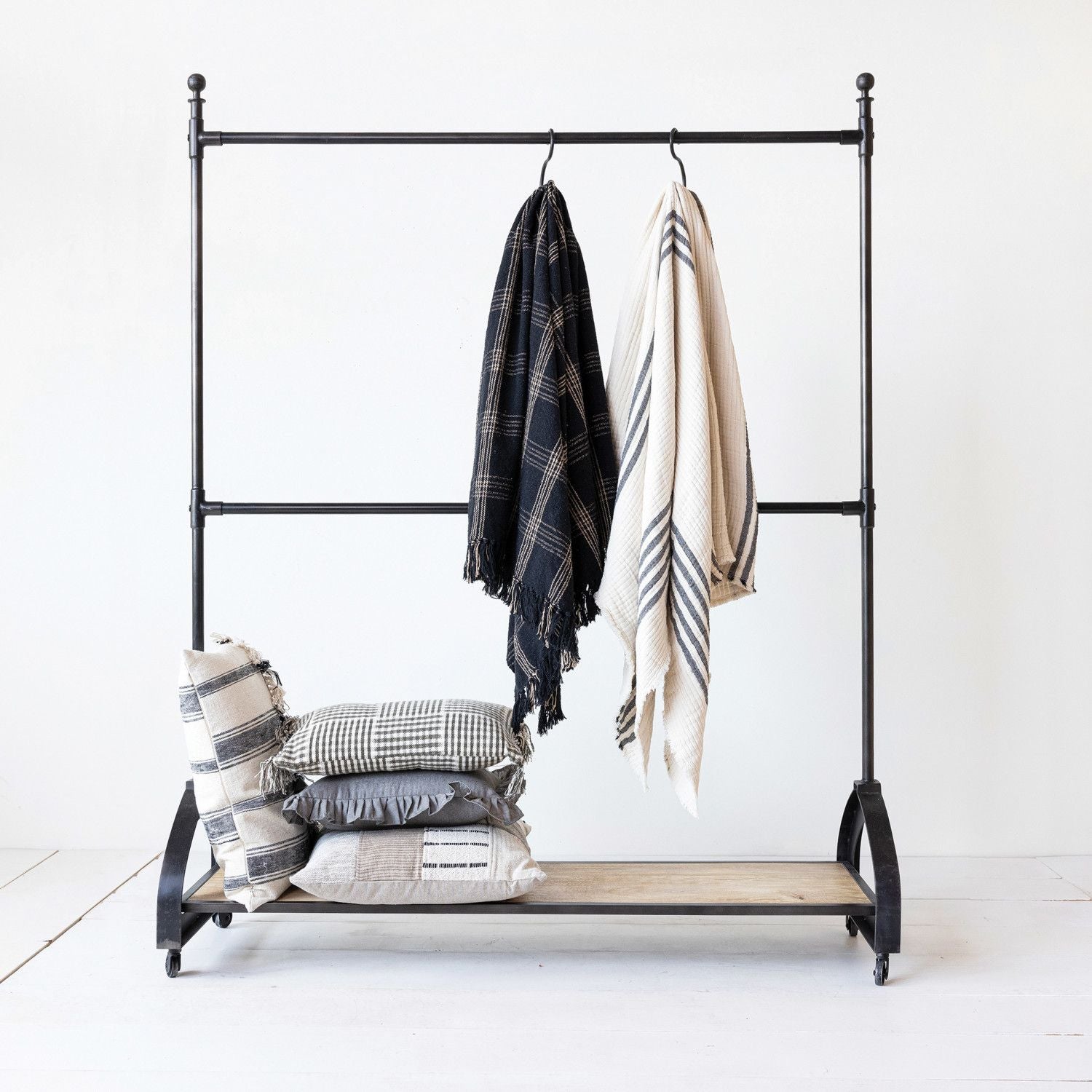 Rack on Casters with 2 Rods and Shelf