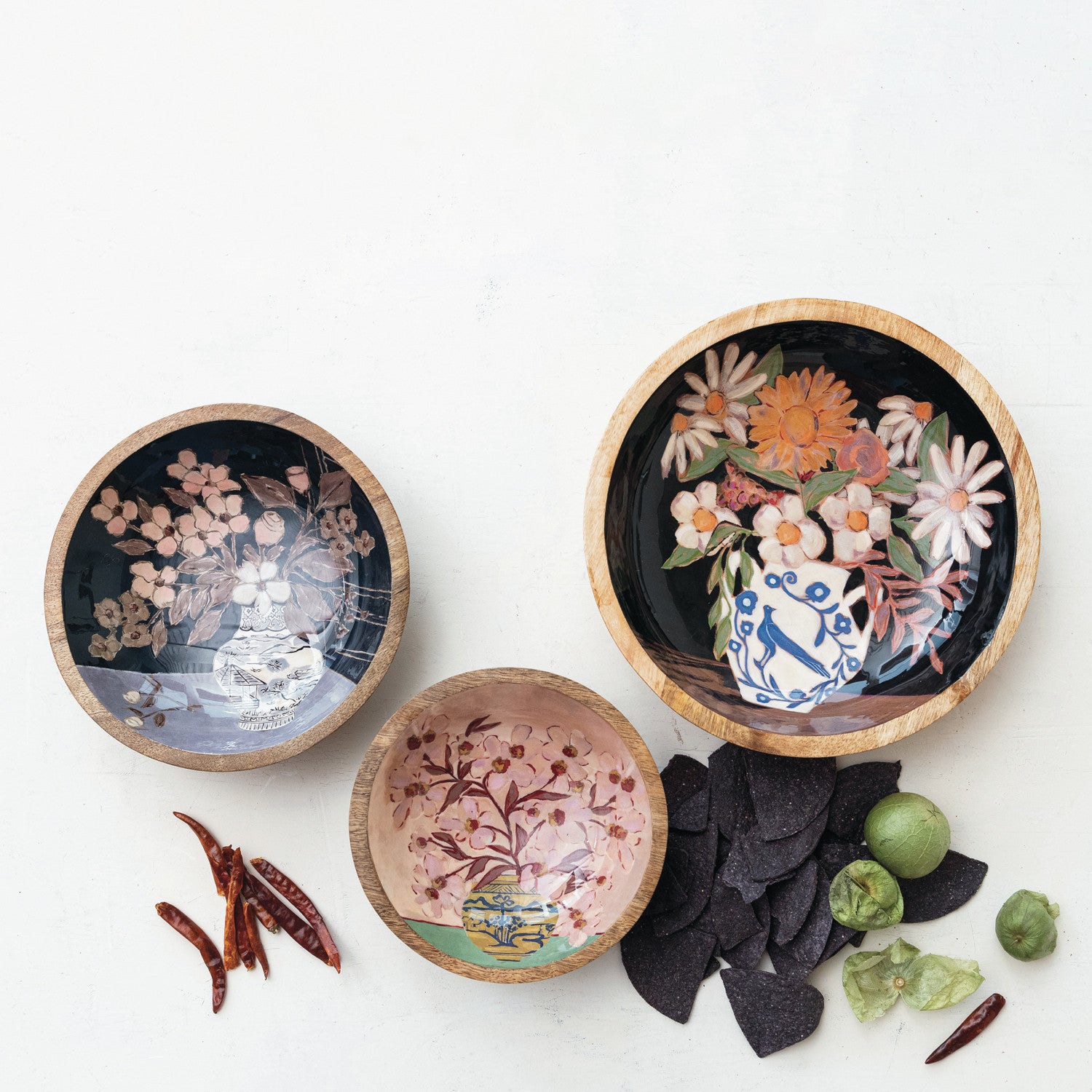Enameled Mango Wood Bowls w/ Flowers in Vase