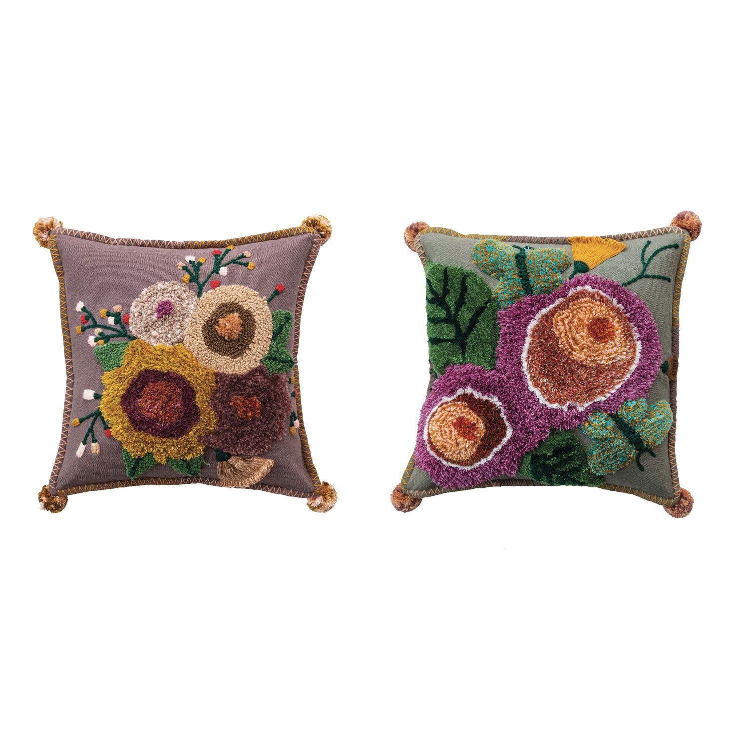 18" Square Tufted Floral Pillow with Pom Poms